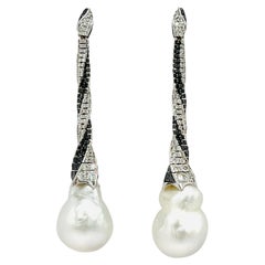 Estate Assael South Sea Pearl, White and Black Diamond Earrings in 18K Gold