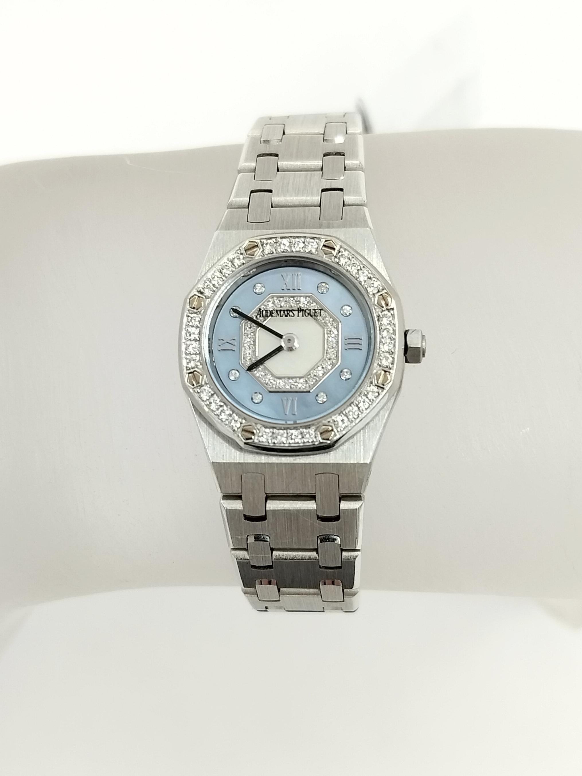 Gorgeous estate Audemars Piguet Royal Oak mother of pearl and white diamond 24 mm watch.  18k white gold.