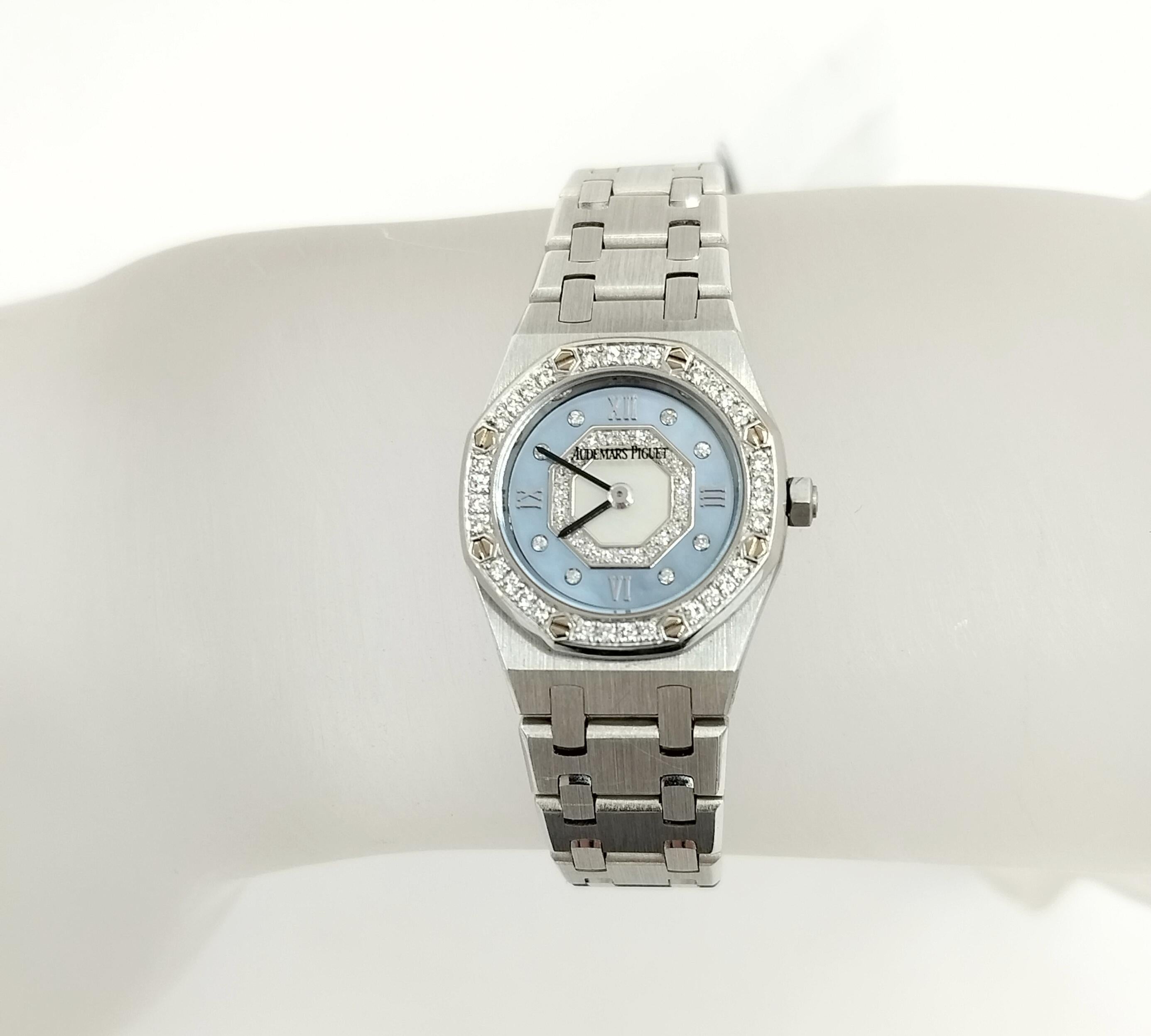 Round Cut Estate Audemars Piguet Royal Oak Diamond and Mother of Pearl 24 mm 18k Watch For Sale