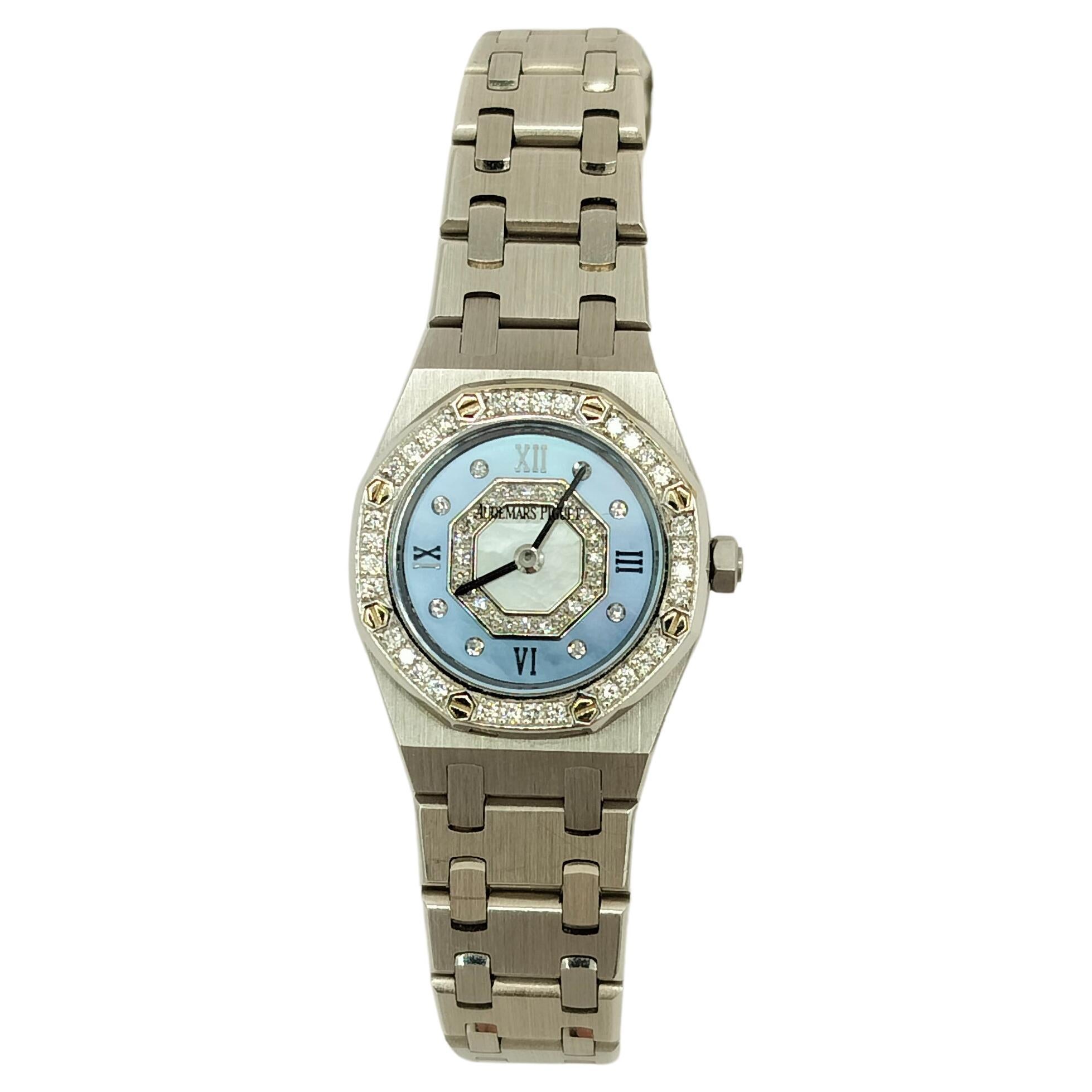 Estate Audemars Piguet Royal Oak Diamond and Mother of Pearl 24 mm 18k Watch For Sale