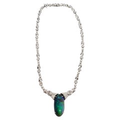 Estate Australian Opal and Diamond Pendant Necklace in Platinum