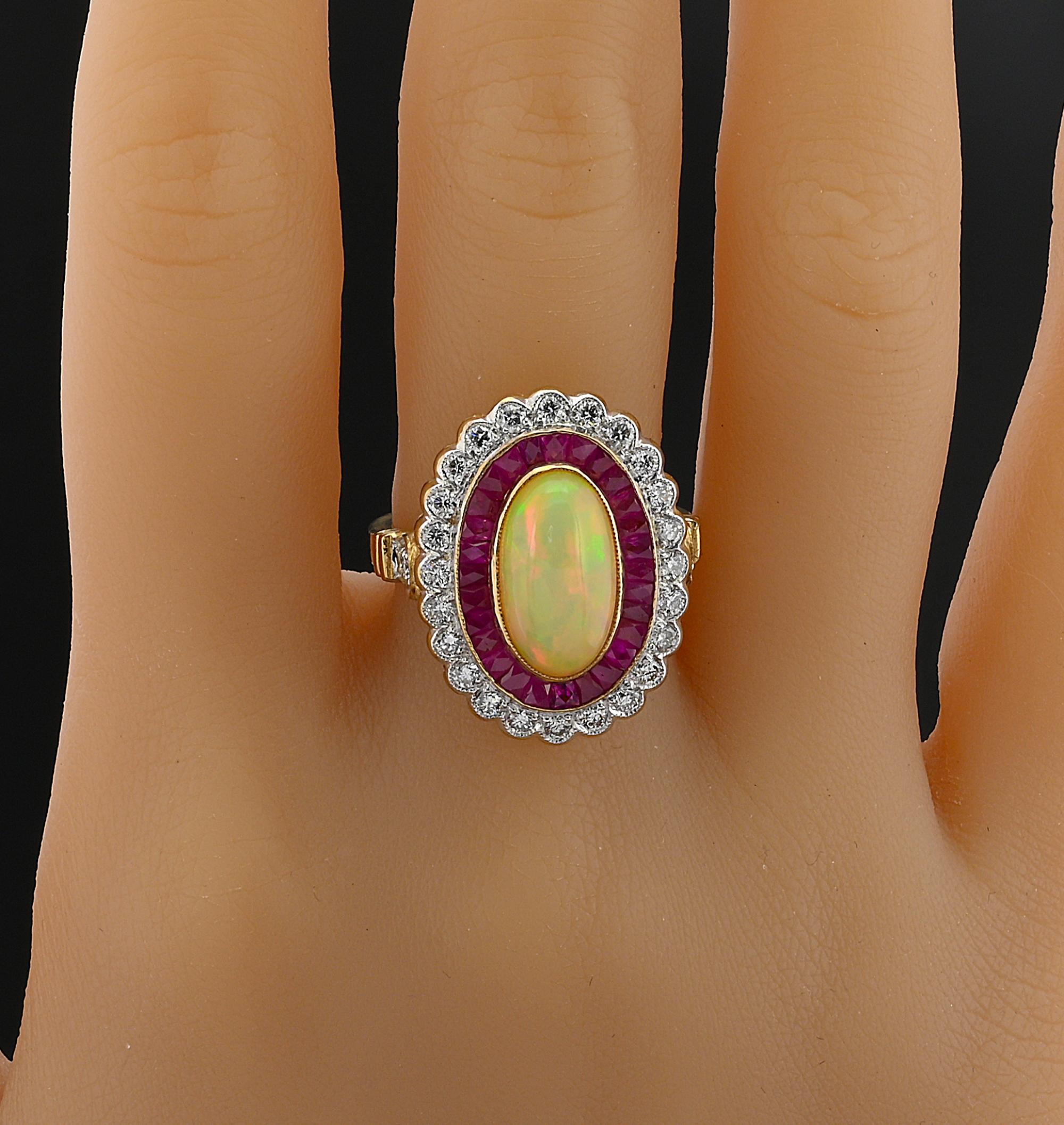 Estate Australian Opal Diamond Ruby Classy Cluster Ring For Sale at 1stDibs