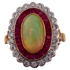Vintage Estate Australian Opal Diamond Ruby Classy Cluster Ring