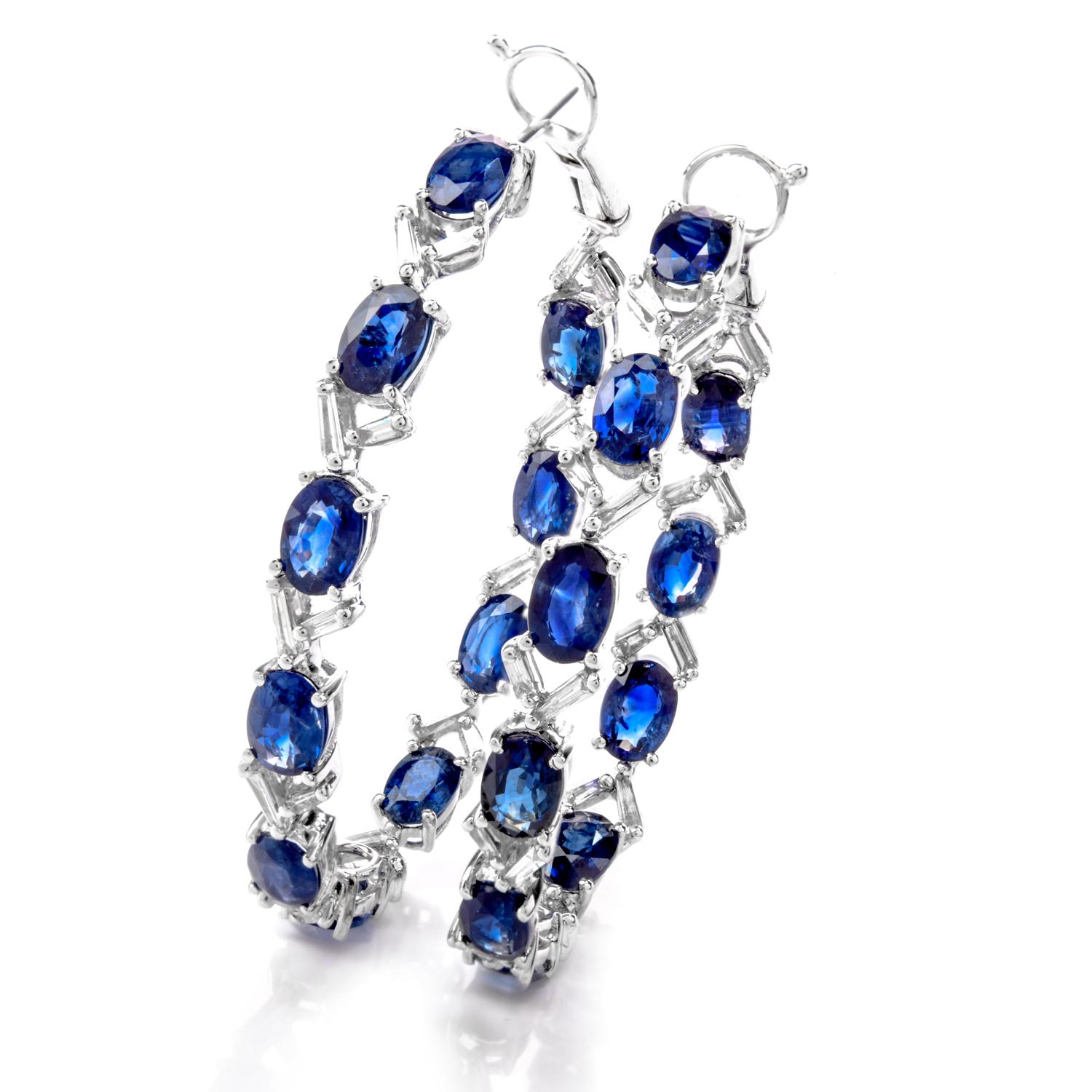 Boasting in Color, these Diamond and Sapphire Hoop Earrings were inspired in 

an Inside Outside design and crafted in 18K white gold.

While Baguette cut Diamonds offer the sparkle, vibrant oval shaped and transparent

Blue Sapphire offer the