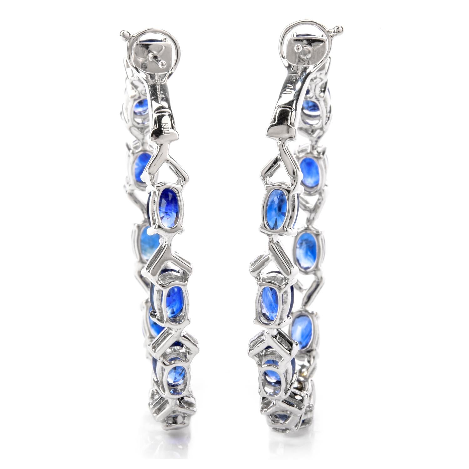 Women's or Men's Estate Baguette Diamond and Sapphire Inside Outside Hoop Earrings