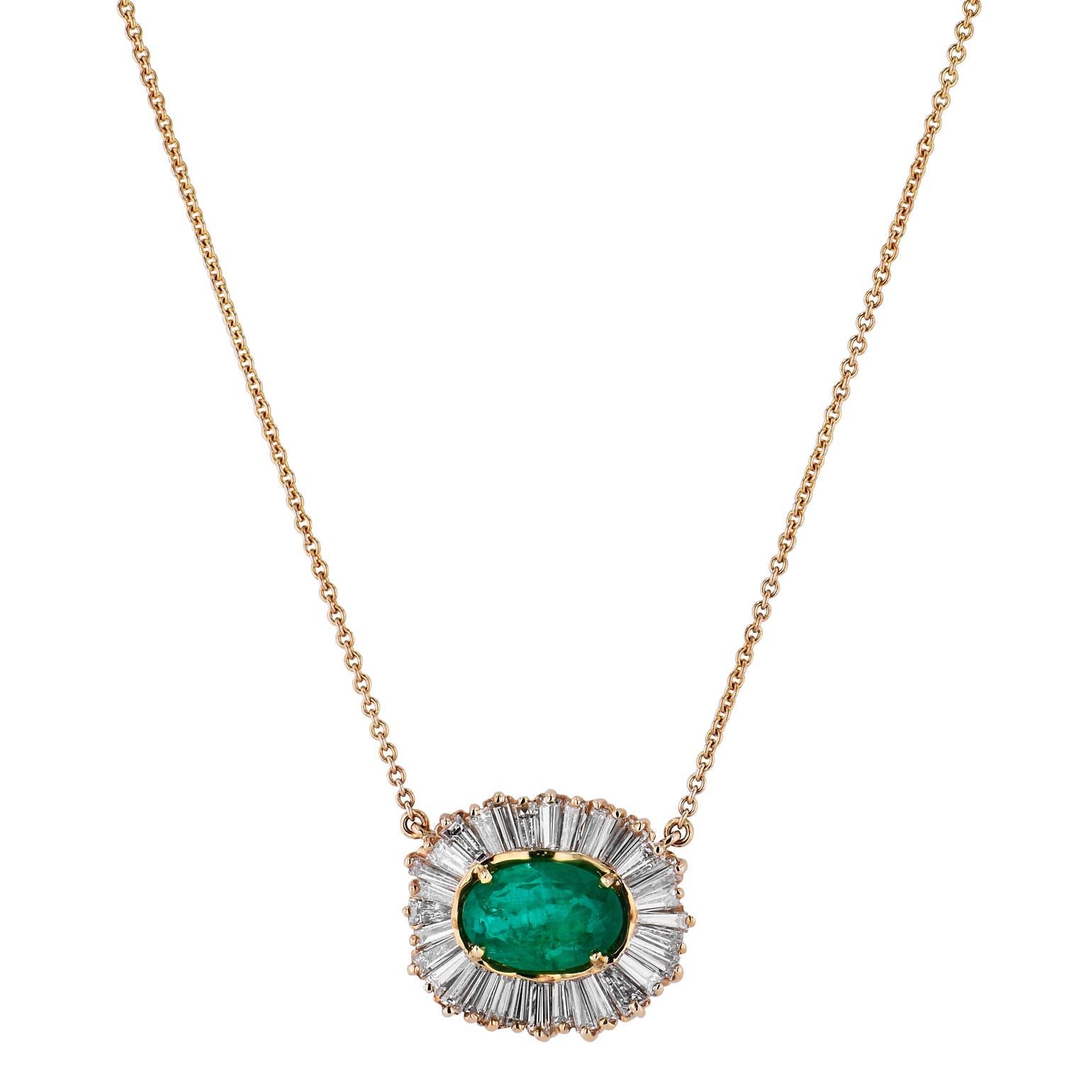 Estate Ballerina Emerald Diamond Baguette Pendant Necklace

This exquisite 2.81 carat emerald is surrounded by approximately 2.75 carats of H/I color, VS clarity diamonds. 

The pendant is made of 14 kt yellow gold and measures 20 mm wide x 17 mm