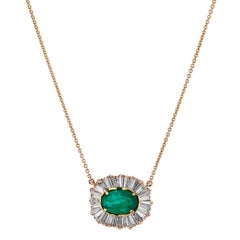 Estate Ballerina Emerald Diamond Baguette Pendant Necklace