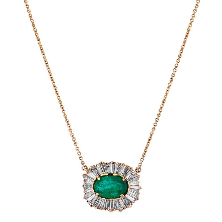 Estate Ballerina Emerald Diamond Baguette Pendant Necklace For Sale at  1stDibs