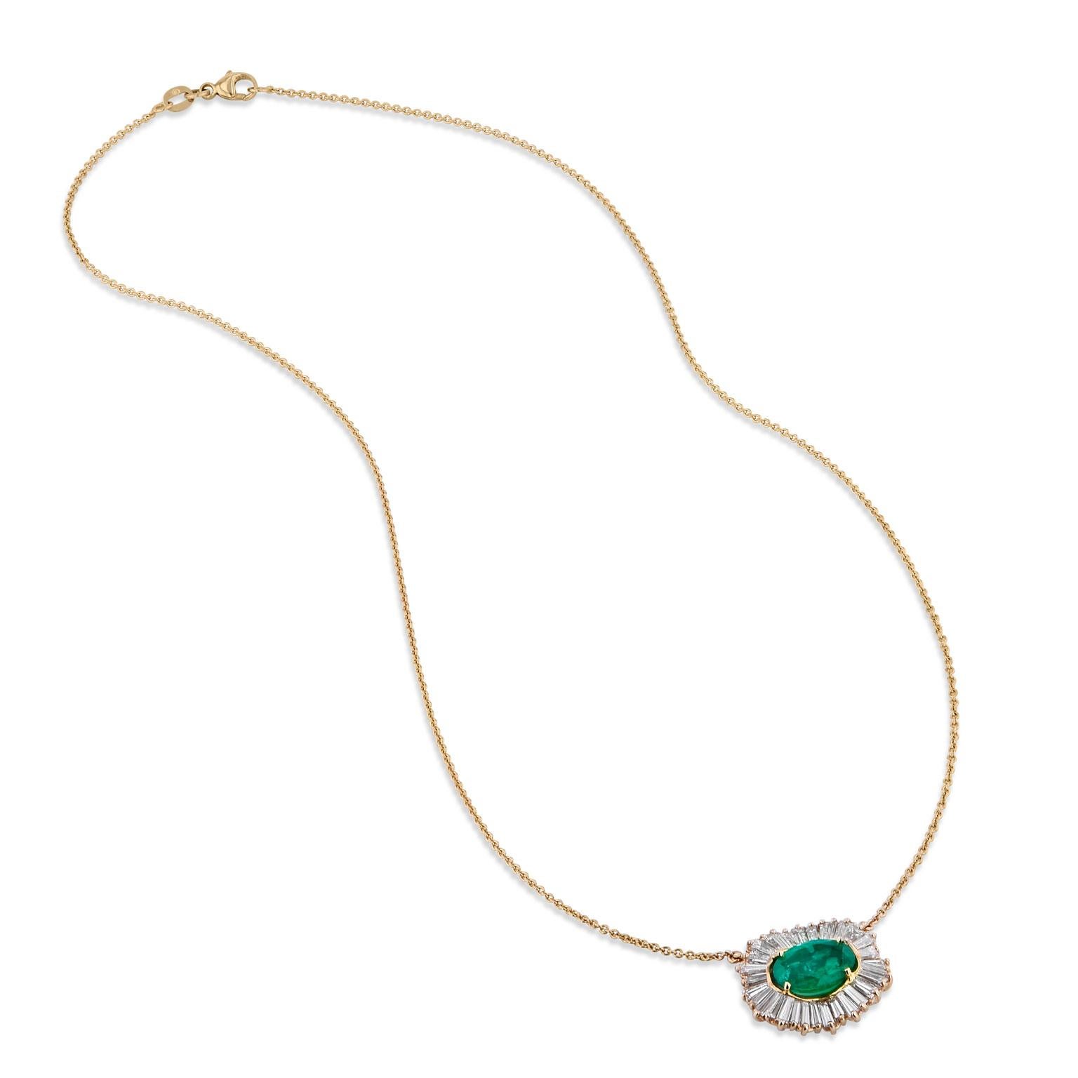 Estate Ballerina Emerald Diamond Baguette Pendant Necklace In Excellent Condition For Sale In Miami, FL