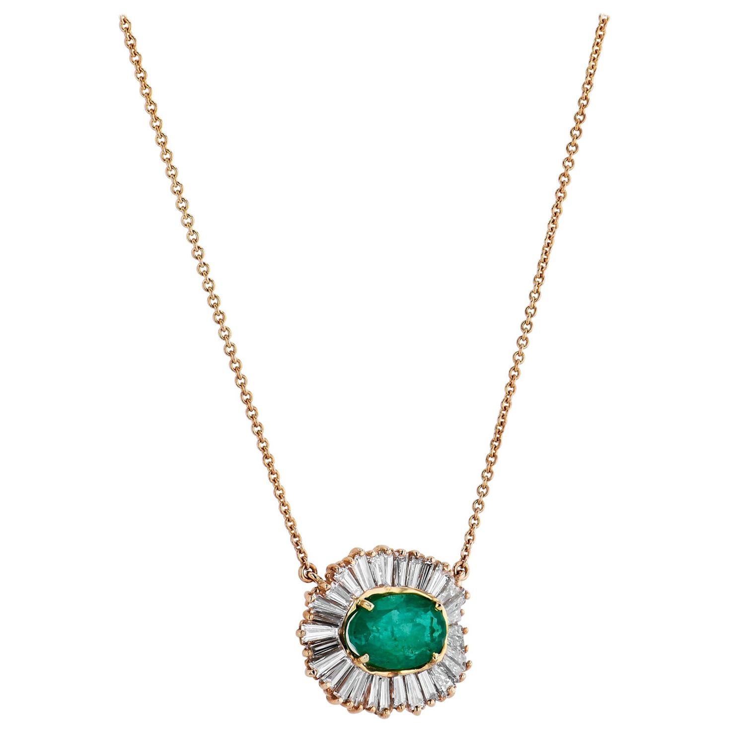 Estate Ballerina Emerald Diamond Baguette Pendant Necklace For Sale