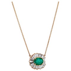 Retro Estate Ballerina Emerald Diamond Baguette Pendant Necklace