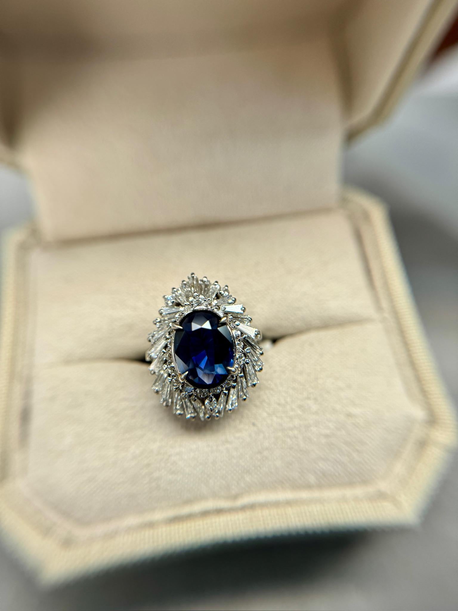 Elegant and timeless and breathtaking 2.53ct heated Sri Lankan sapphire surrounded by a dazzling 1.50ct diamond halo. Crafted in platinum and weighing 10.75g, this statement piece exudes vintage sophistication and unmatched brilliance.

Main Stone: