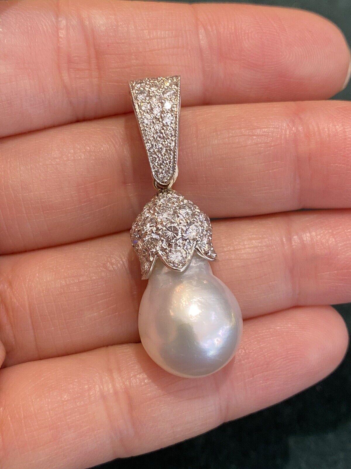 Round Cut Estate Baroque Pearl and Pavè Diamond Pendent in 18k White Gold For Sale
