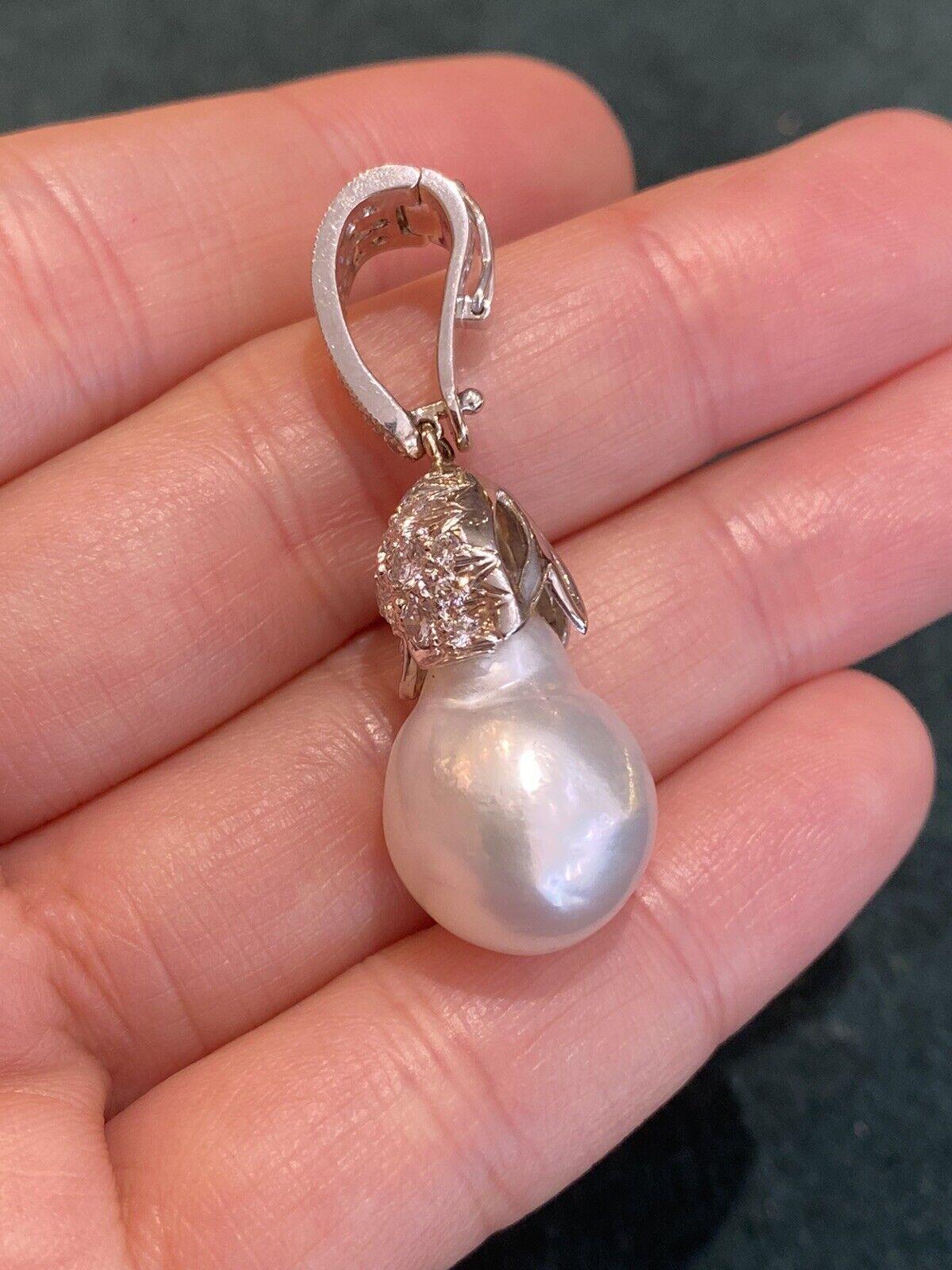 Estate Baroque Pearl and Pavè Diamond Pendent in 18k White Gold In Excellent Condition For Sale In La Jolla, CA