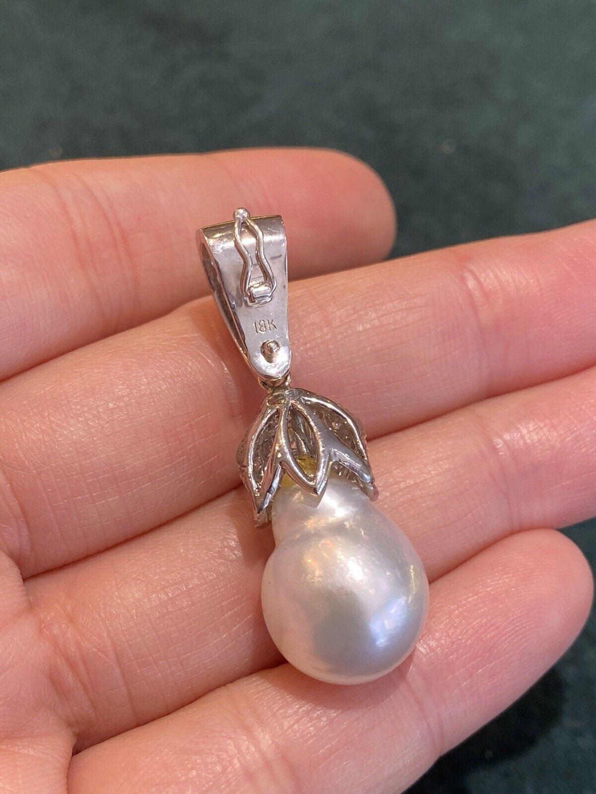 Women's Estate Baroque Pearl and Pavè Diamond Pendent in 18k White Gold For Sale