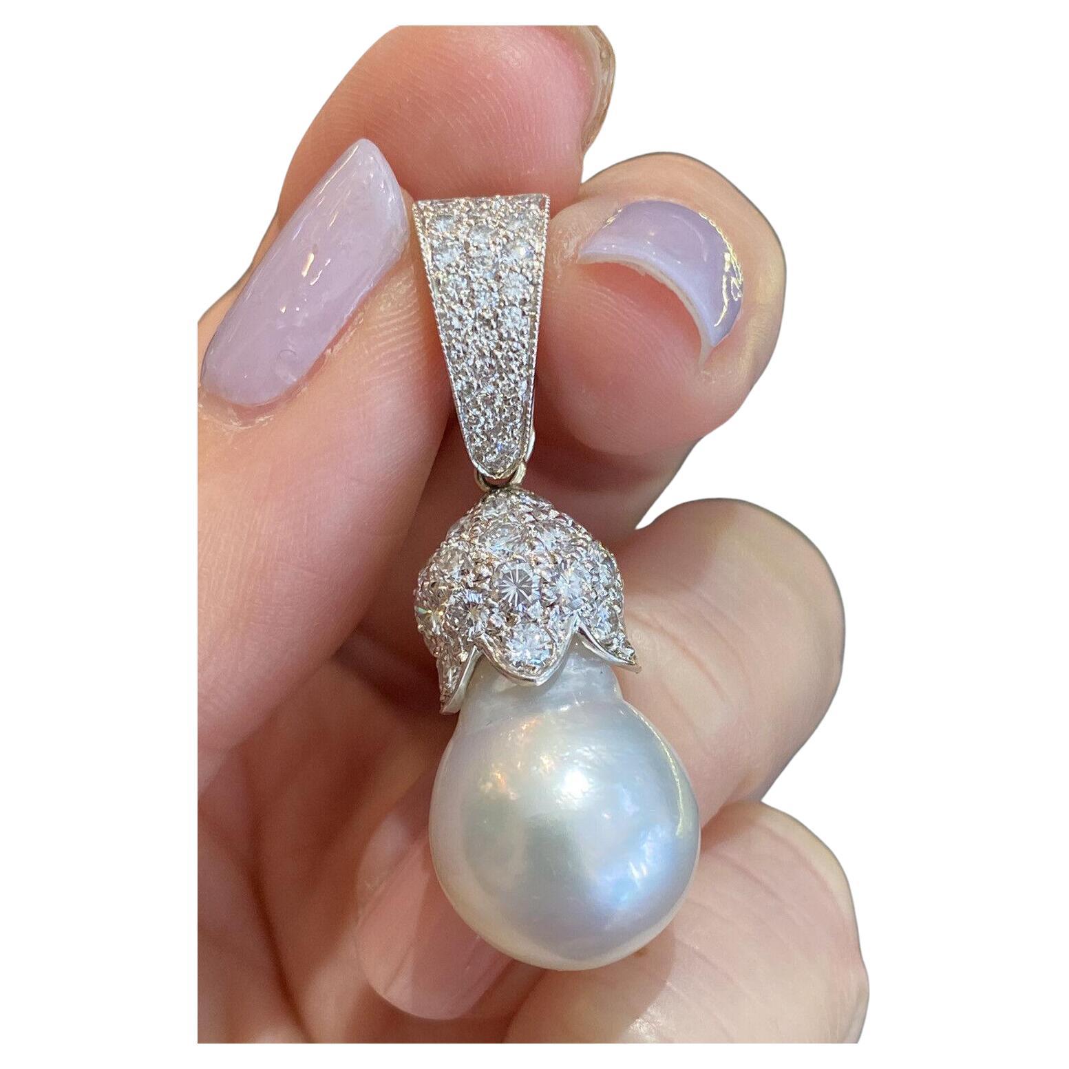 Estate Baroque Pearl and Pavè Diamond Pendent in 18k White Gold For Sale