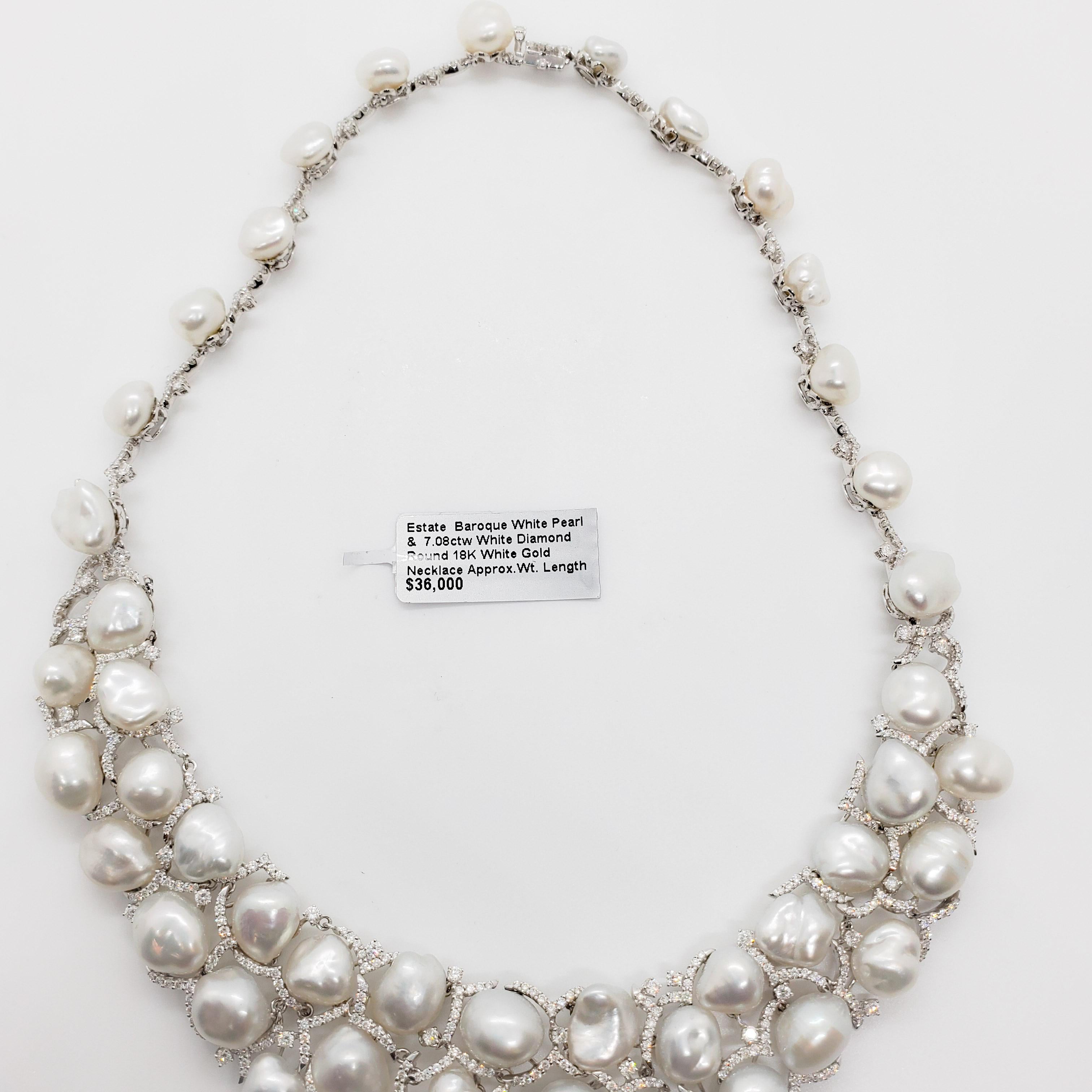 Round Cut Estate Baroque White Pearl and White Diamond Necklace