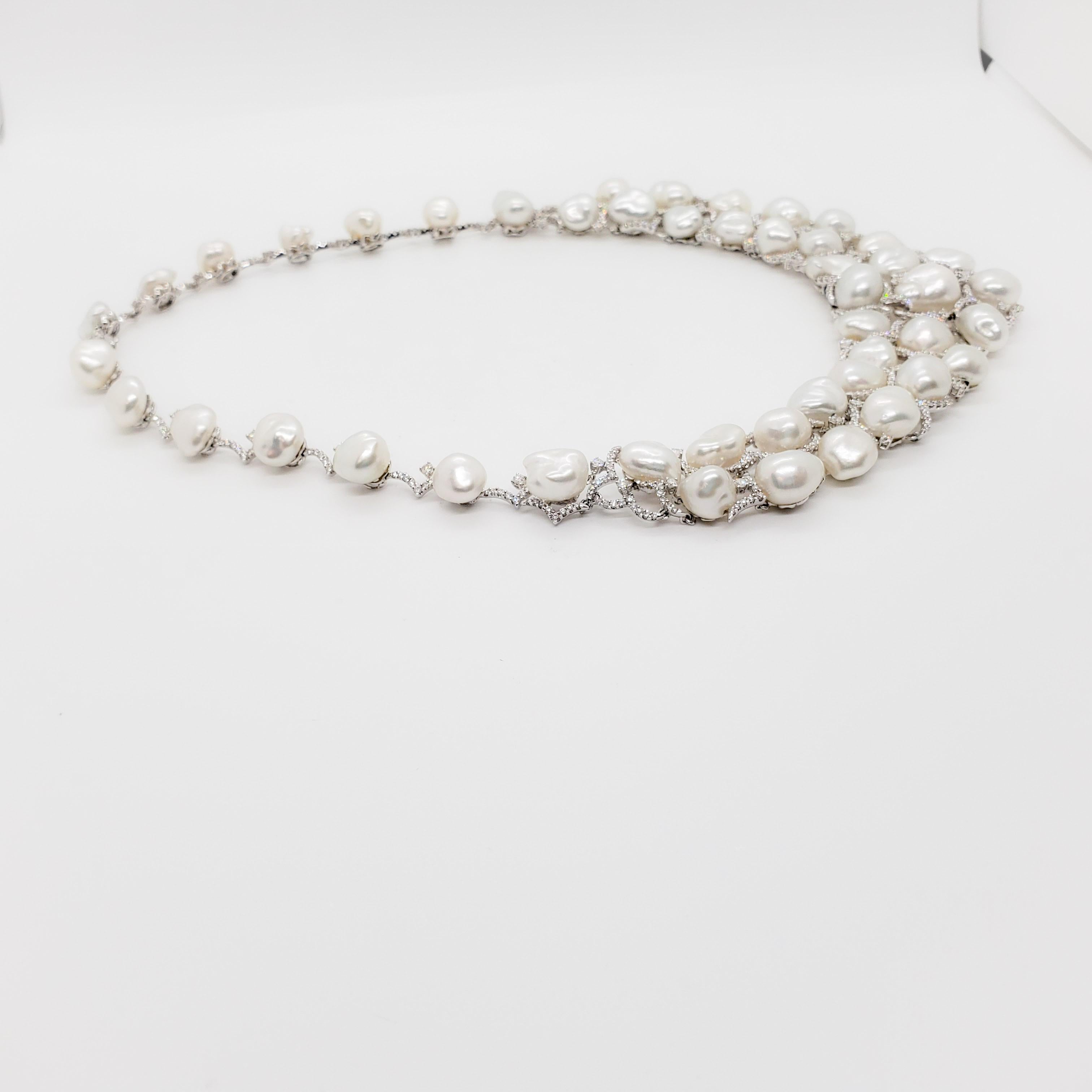 Women's or Men's Estate Baroque White Pearl and White Diamond Necklace