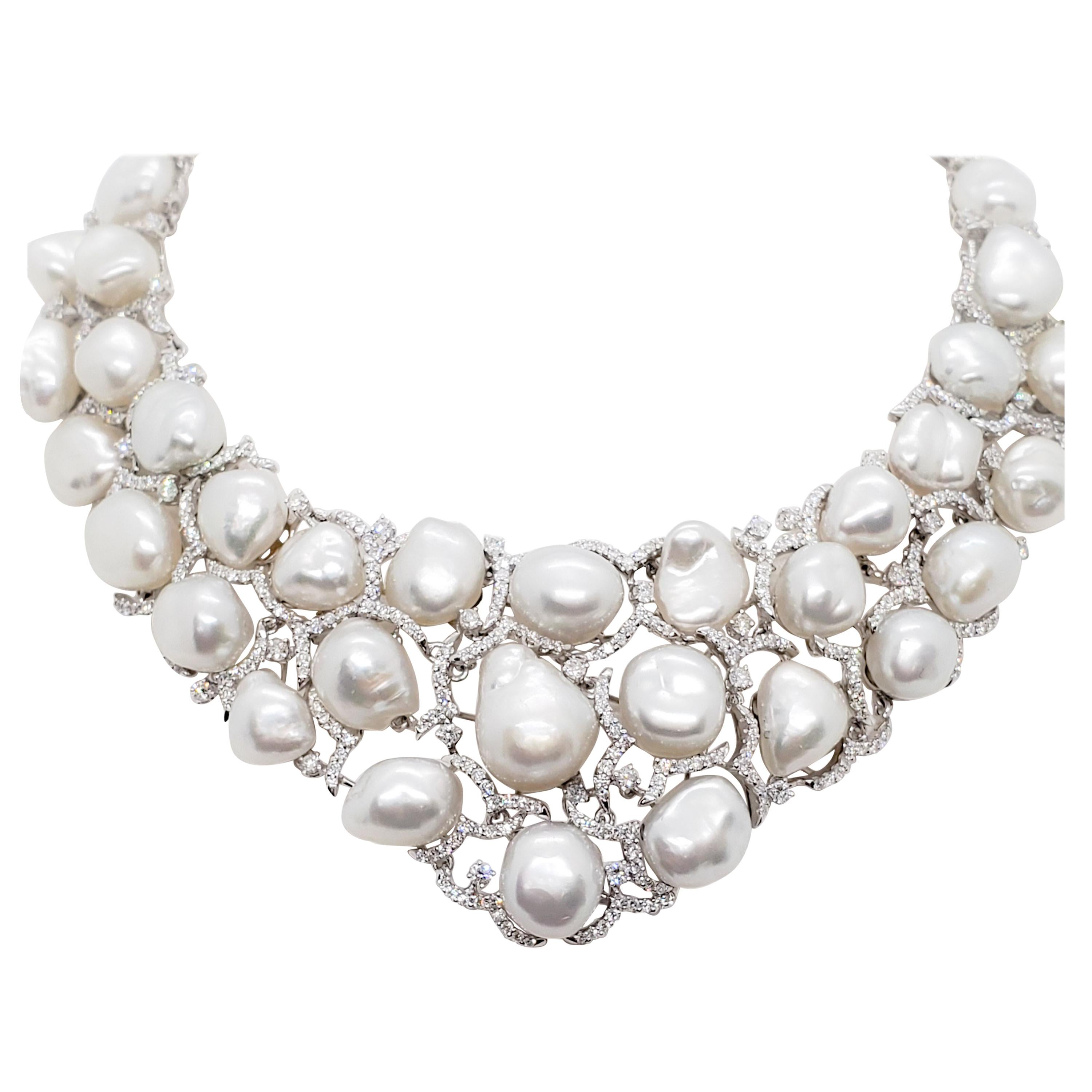 Estate Baroque White Pearl and White Diamond Necklace