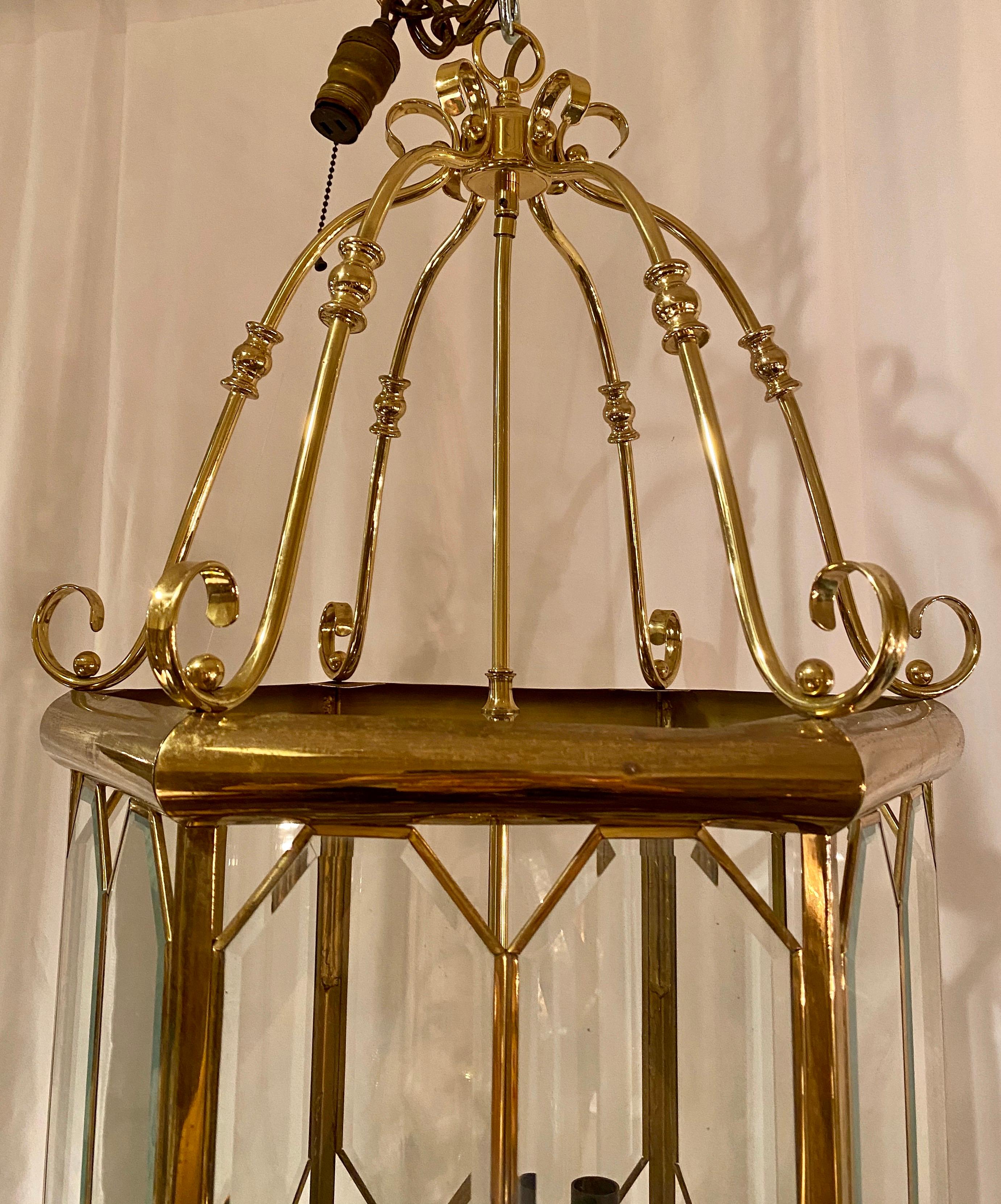 Estate Belgian architectural beveled glass and brass double-tier hall lantern.
LAN133.