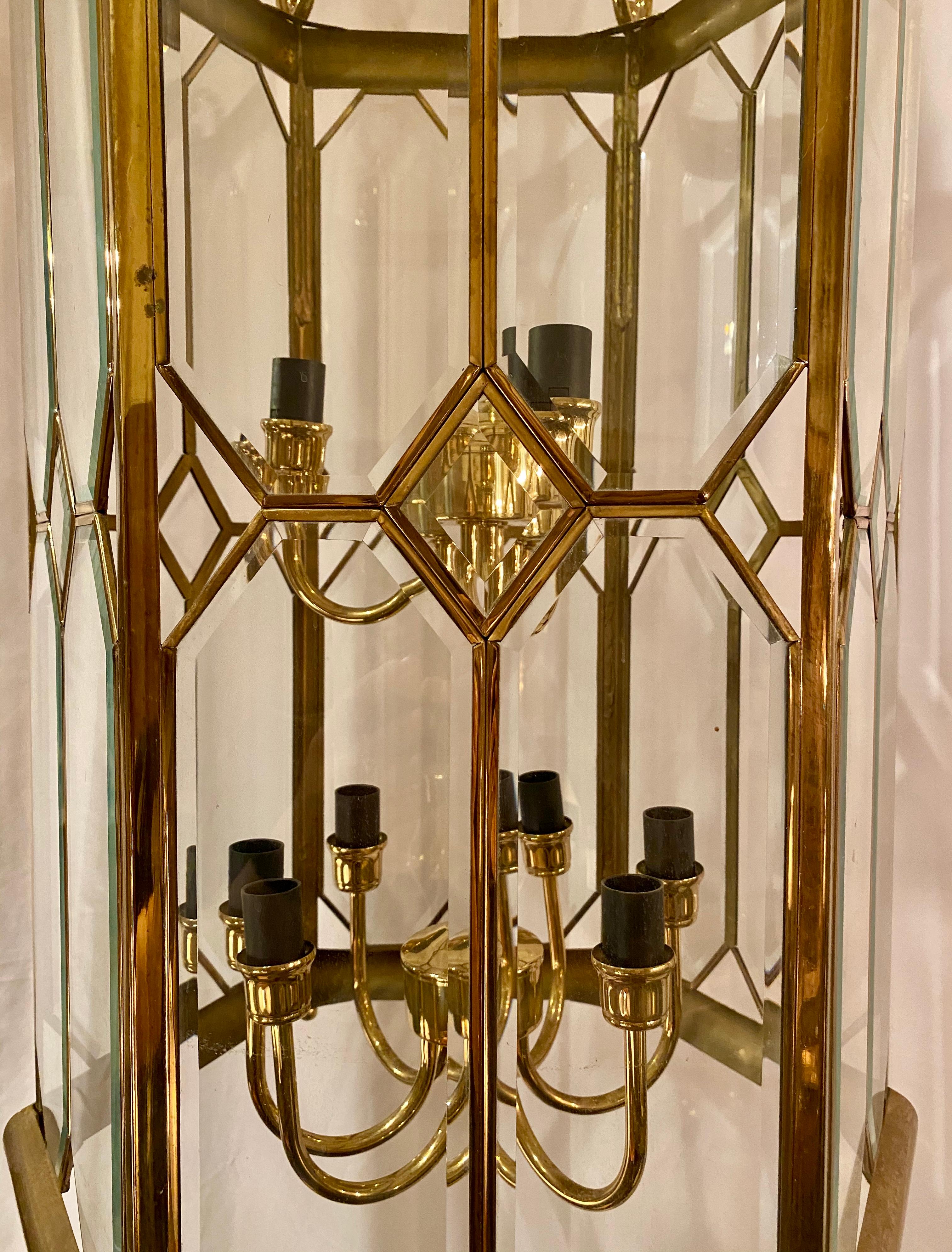Estate Belgian Architectural Beveled Glass and Brass Double-Tier Hall Lantern In Good Condition For Sale In New Orleans, LA