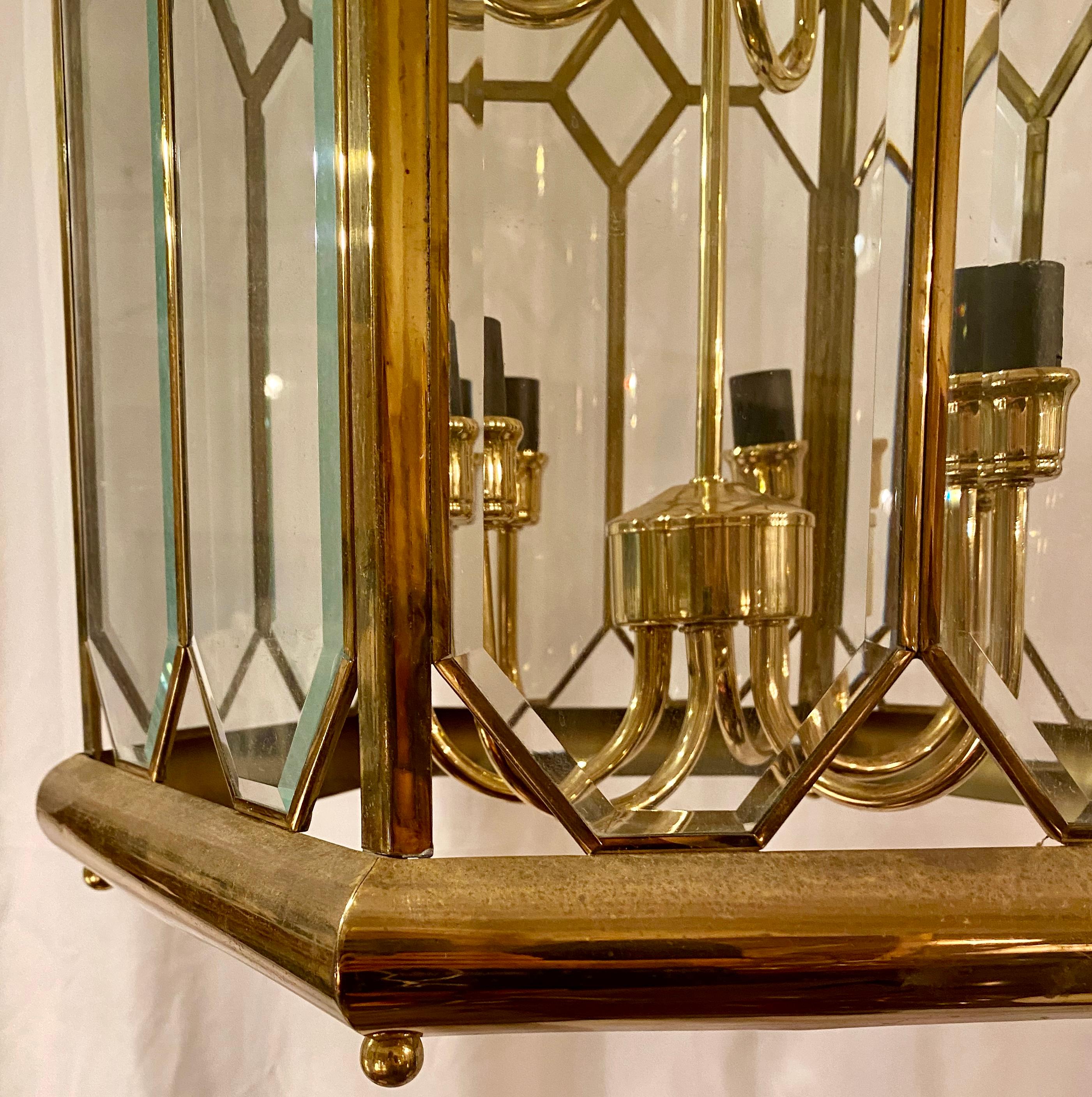 20th Century Estate Belgian Architectural Beveled Glass and Brass Double-Tier Hall Lantern For Sale