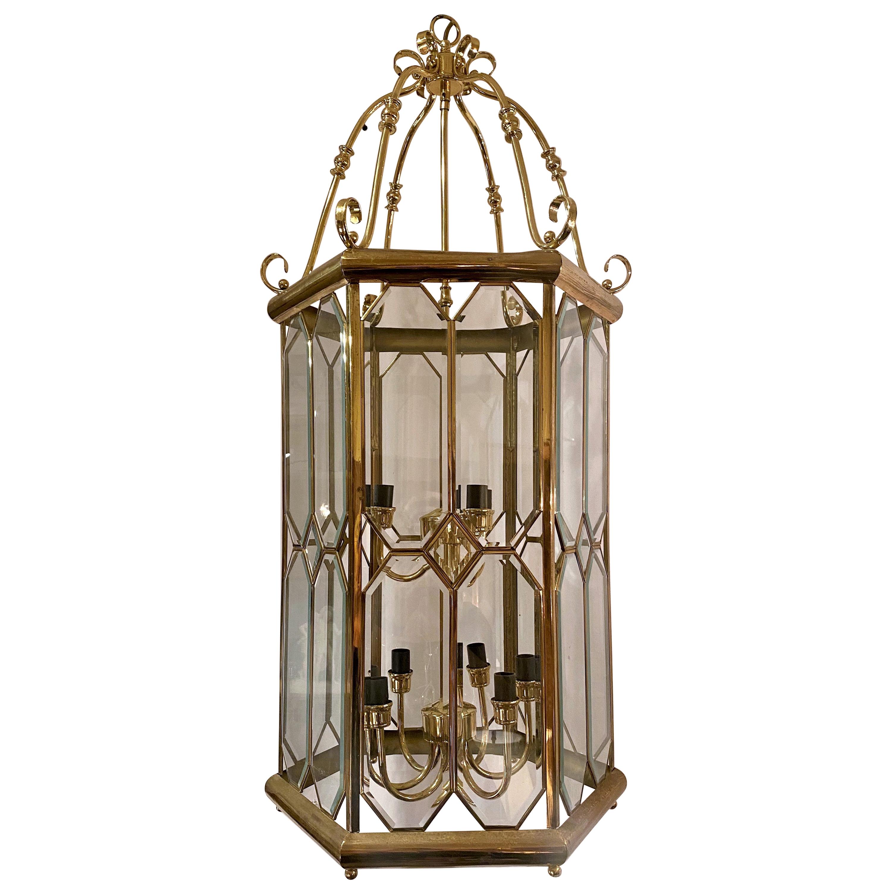 Estate Belgian Architectural Beveled Glass and Brass Double-Tier Hall Lantern For Sale