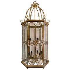 Estate Belgian Architectural Beveled Glass and Brass Double-Tier Hall Lantern