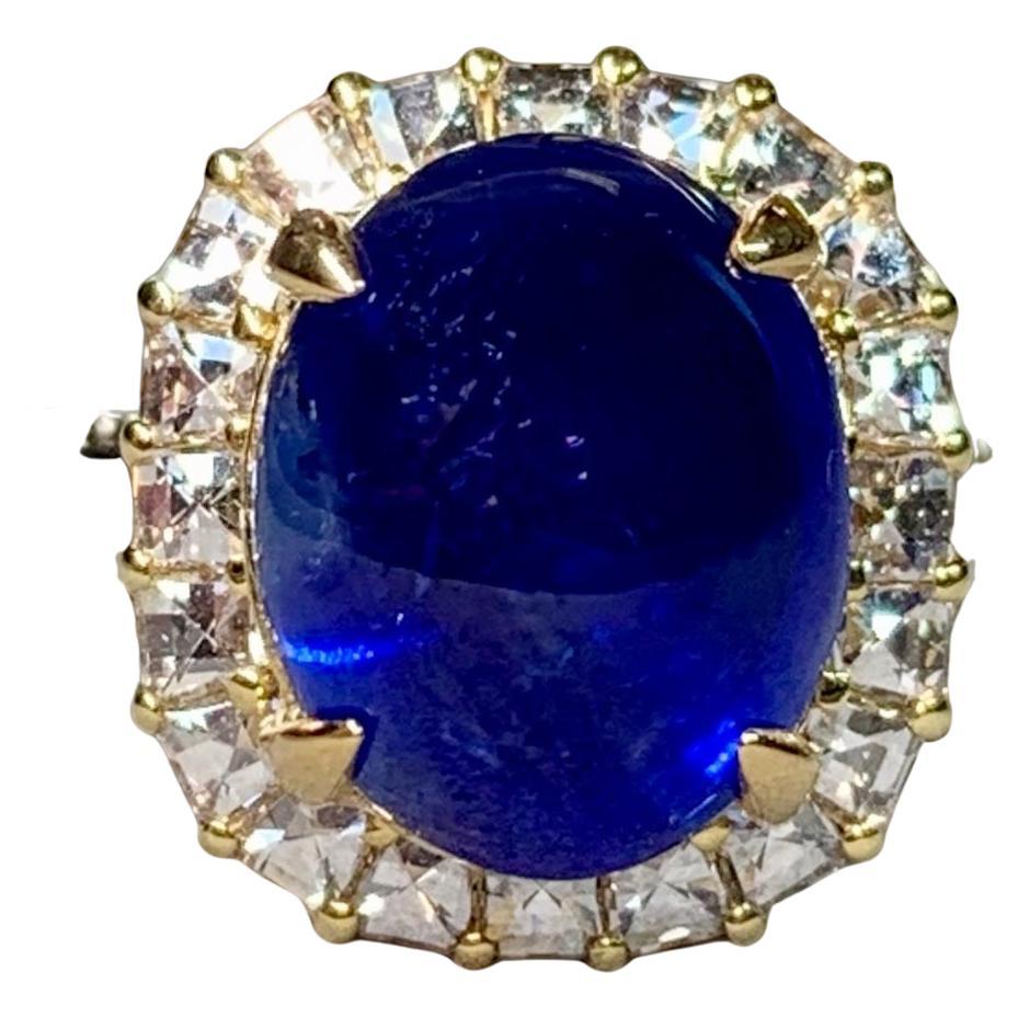 Estate Bez Amabar 18K Platinum Royal Blue Sapphire Step Cut Diamond Halo Ring For Sale