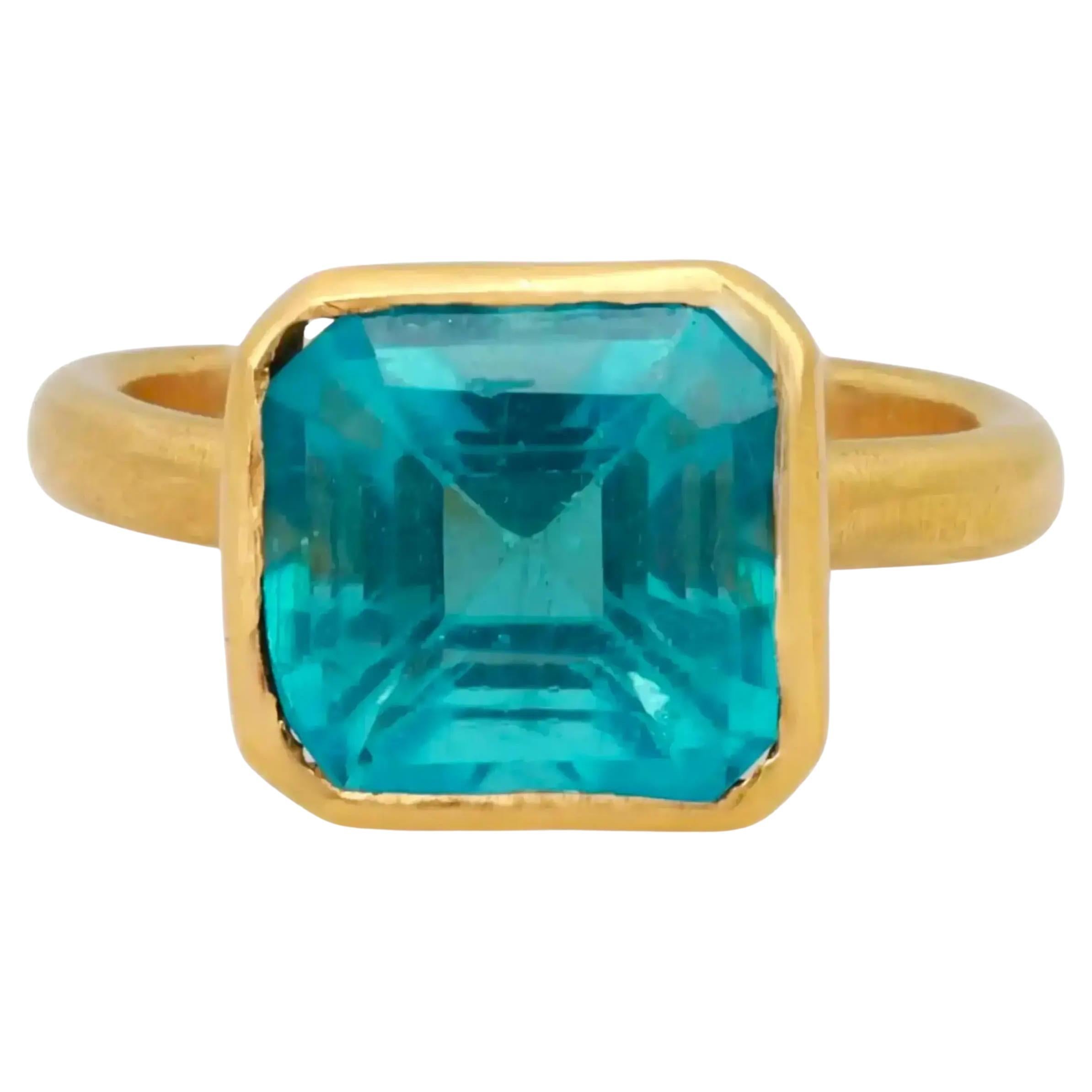 Estate Lünette Set Prinzessin geschnitten blau Glas Ring 22K Gelbgold Größe 3