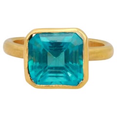 Estate Bezel Set Princess Cut Blue Tourmaline Ring 22K Yellow Gold Size 3