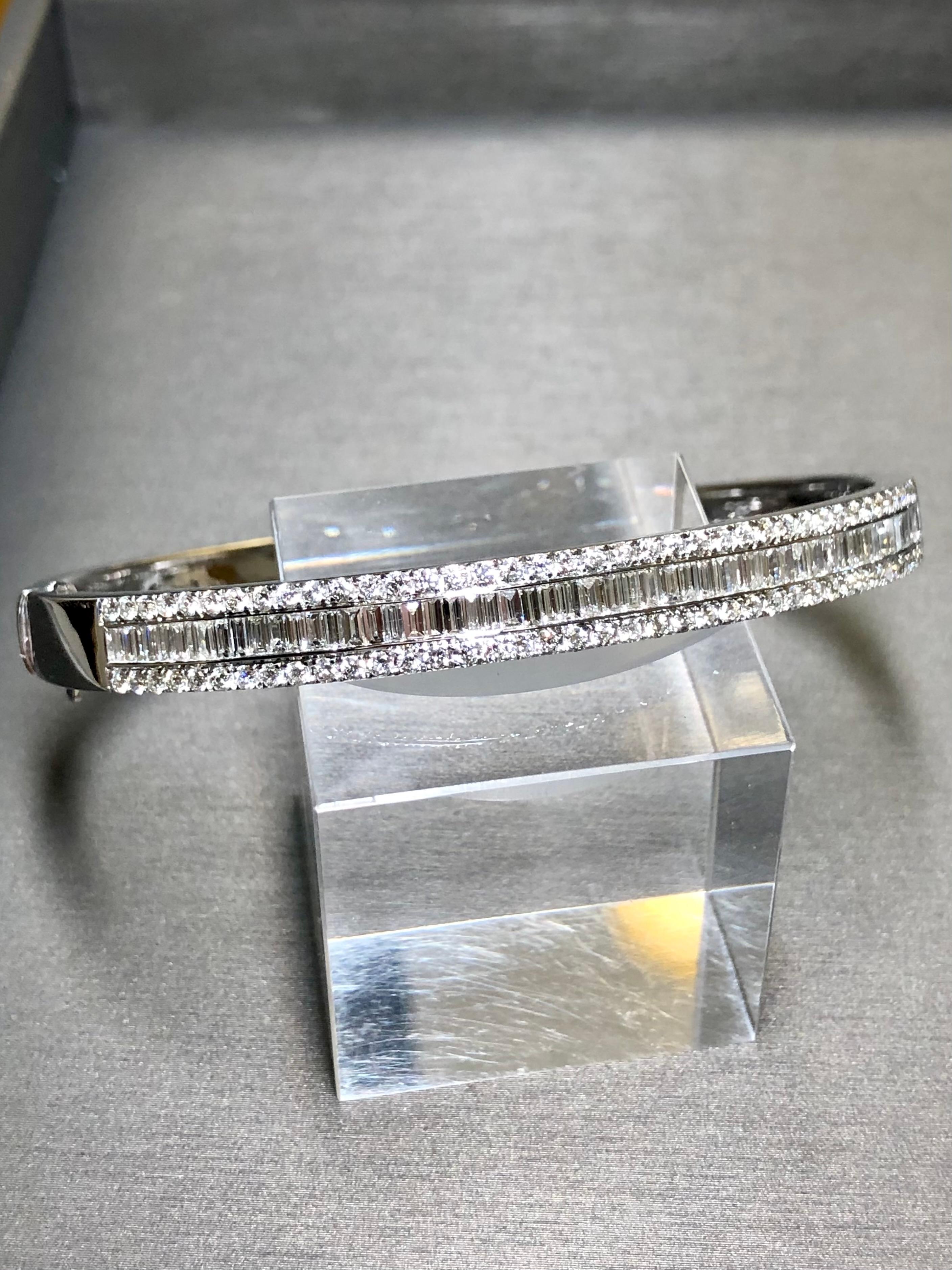 Round Cut Estate BIRKS 18K White Gold Baguette Round Diamond Cuff Bracelet 3.70cttw G Vs For Sale