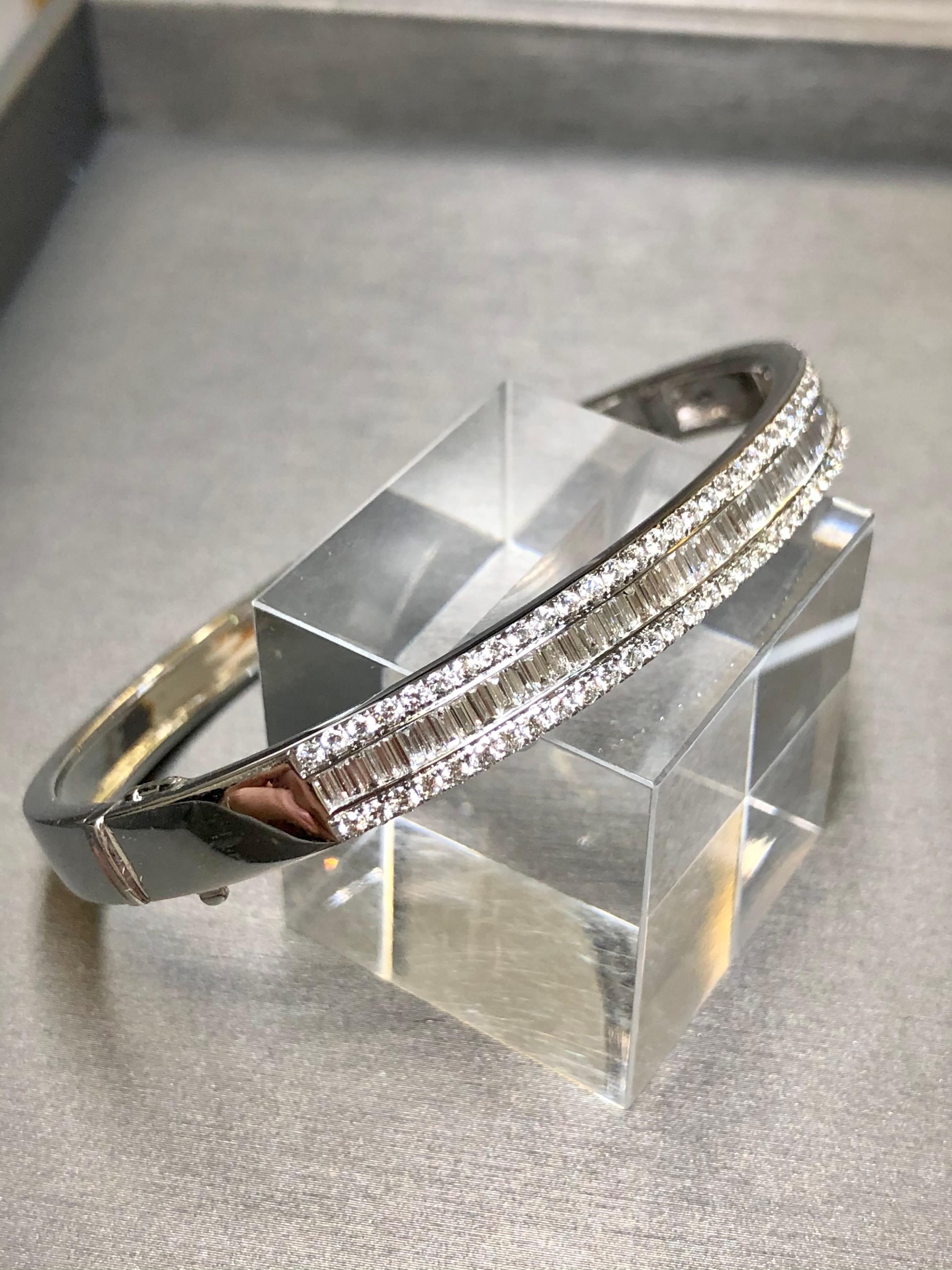 Estate BIRKS 18K White Gold Baguette Round Diamond Cuff Bracelet 3.70cttw G Vs In Excellent Condition For Sale In Winter Springs, FL
