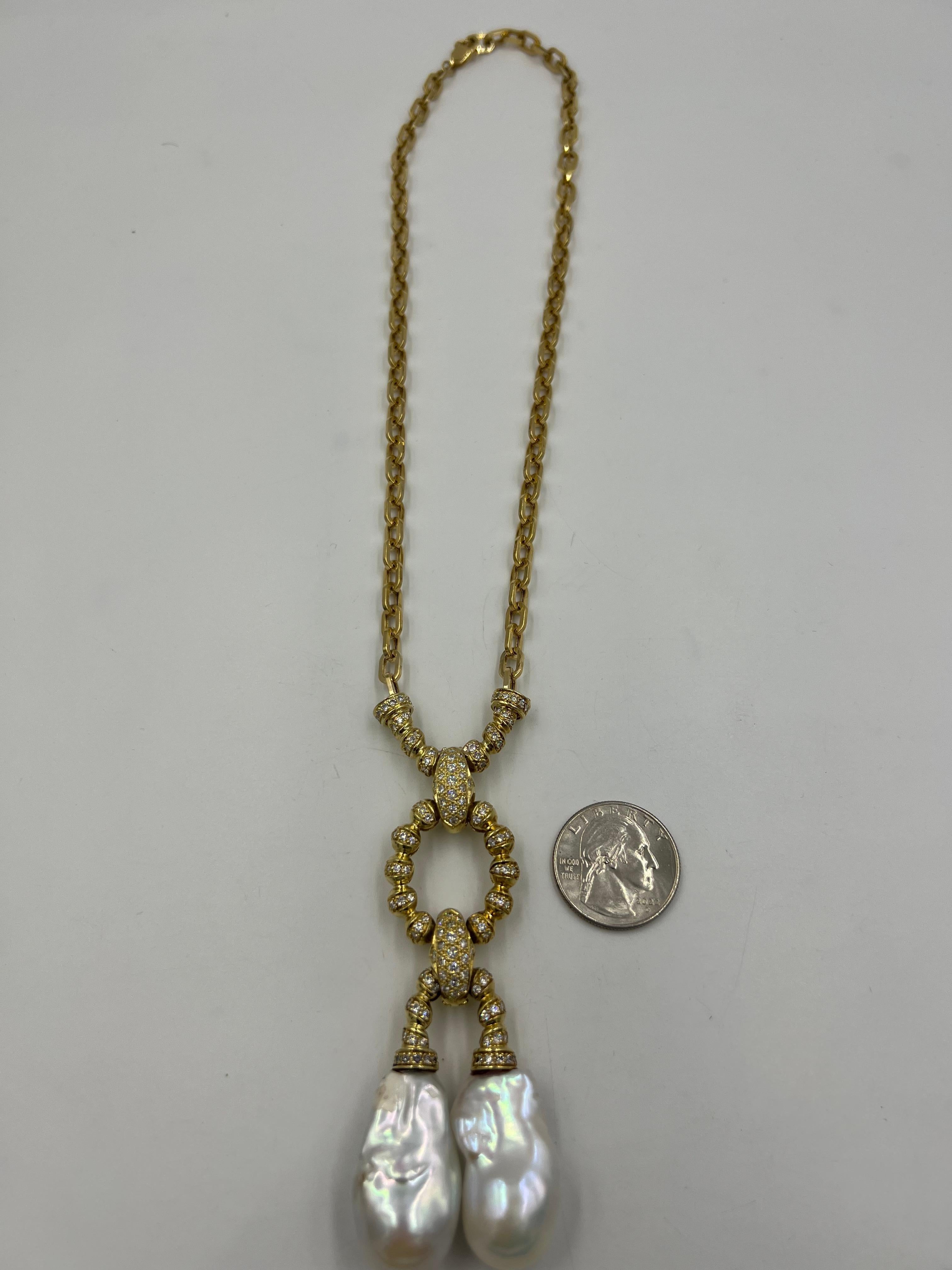 Estate Biwa Pearl Diamond Yellow Gold Link Necklace For Sale 4