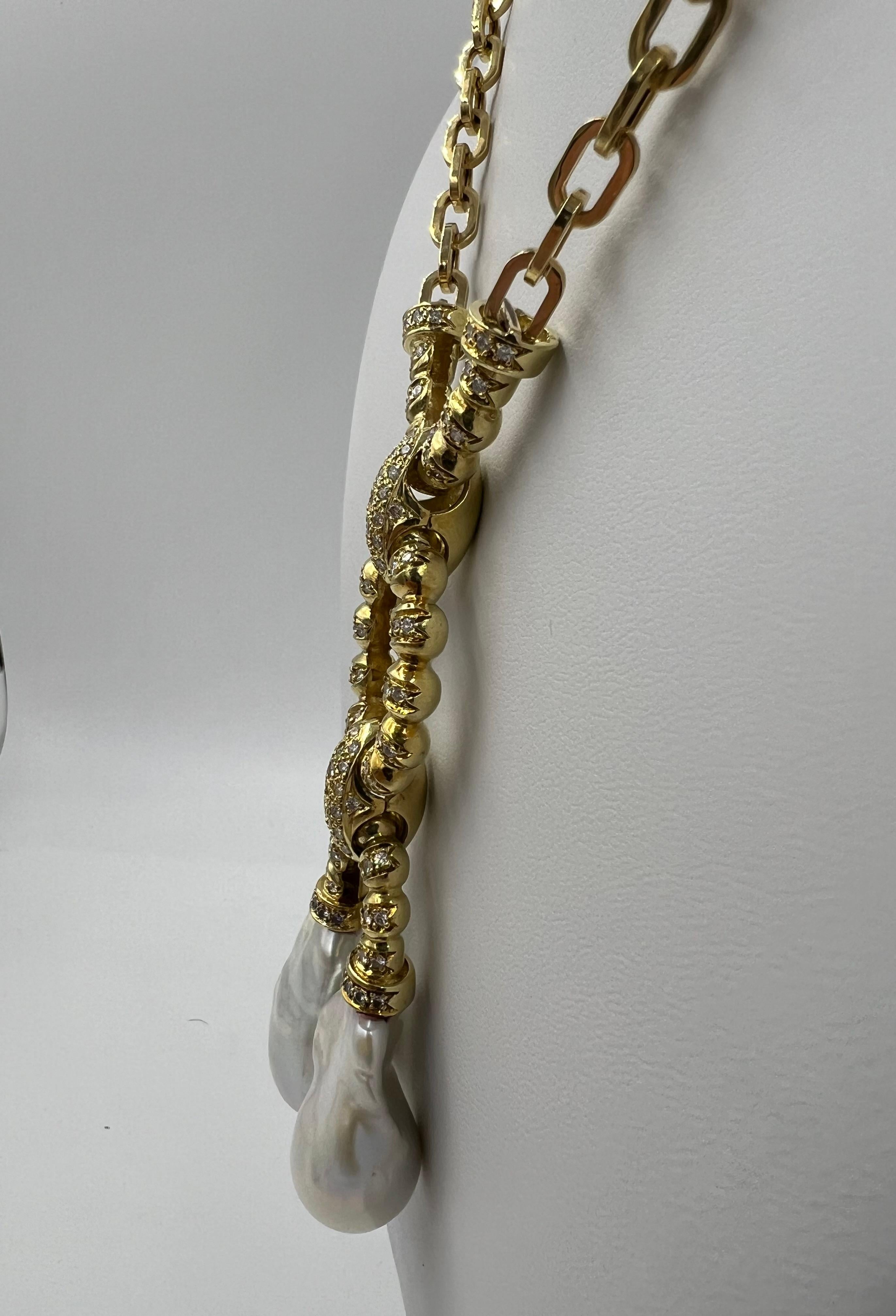 Estate Biwa Pearl Diamond Yellow Gold Link Necklace For Sale 5