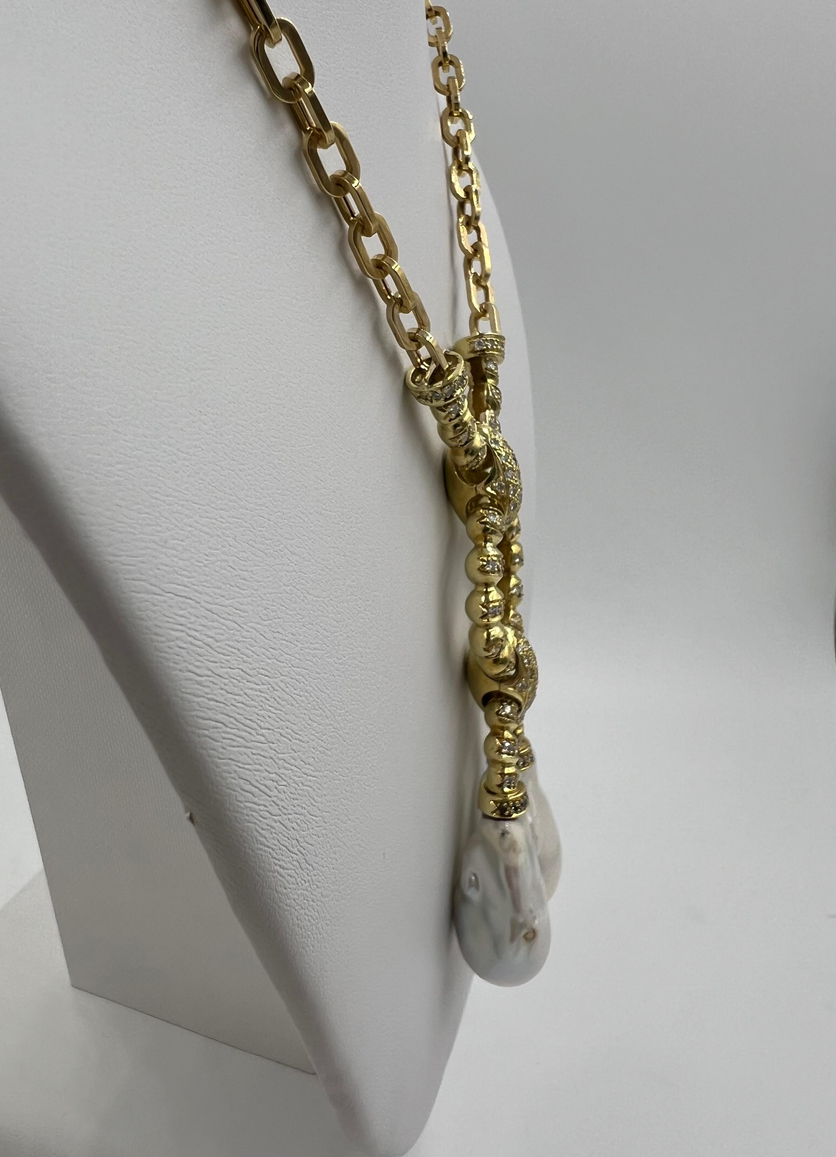 Estate Biwa Pearl Diamond Yellow Gold Link Necklace For Sale 6