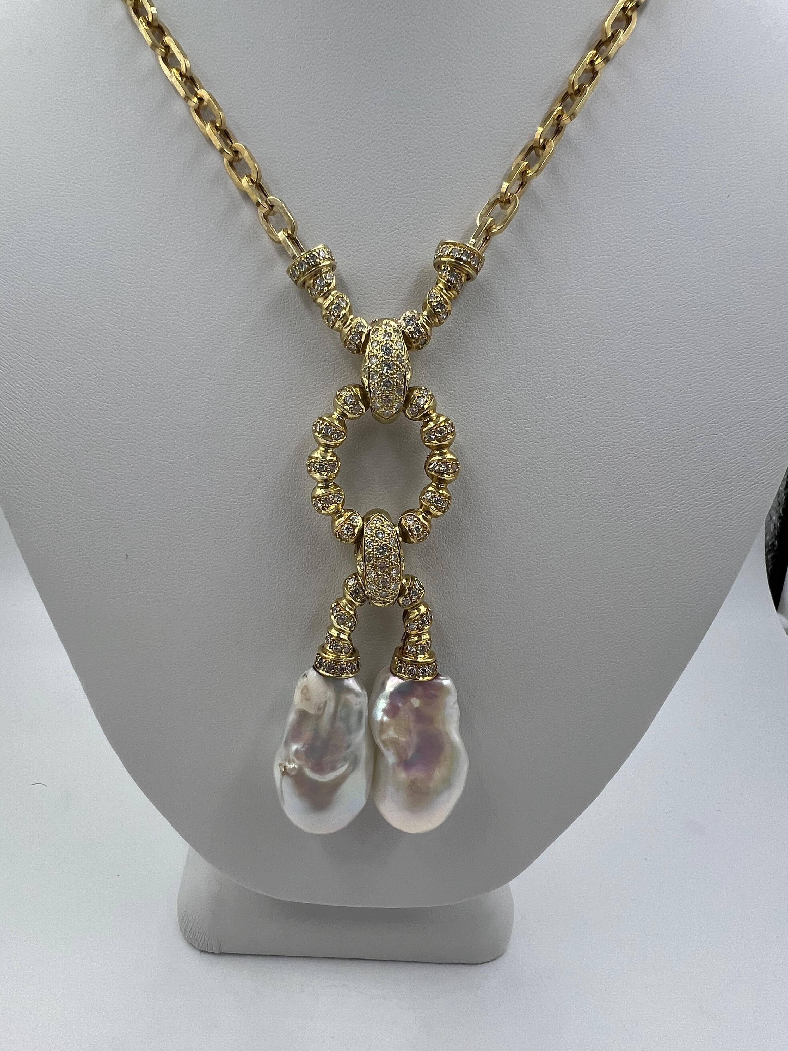 Estate Biwa Pearl Diamond Yellow Gold Link Necklace For Sale 7
