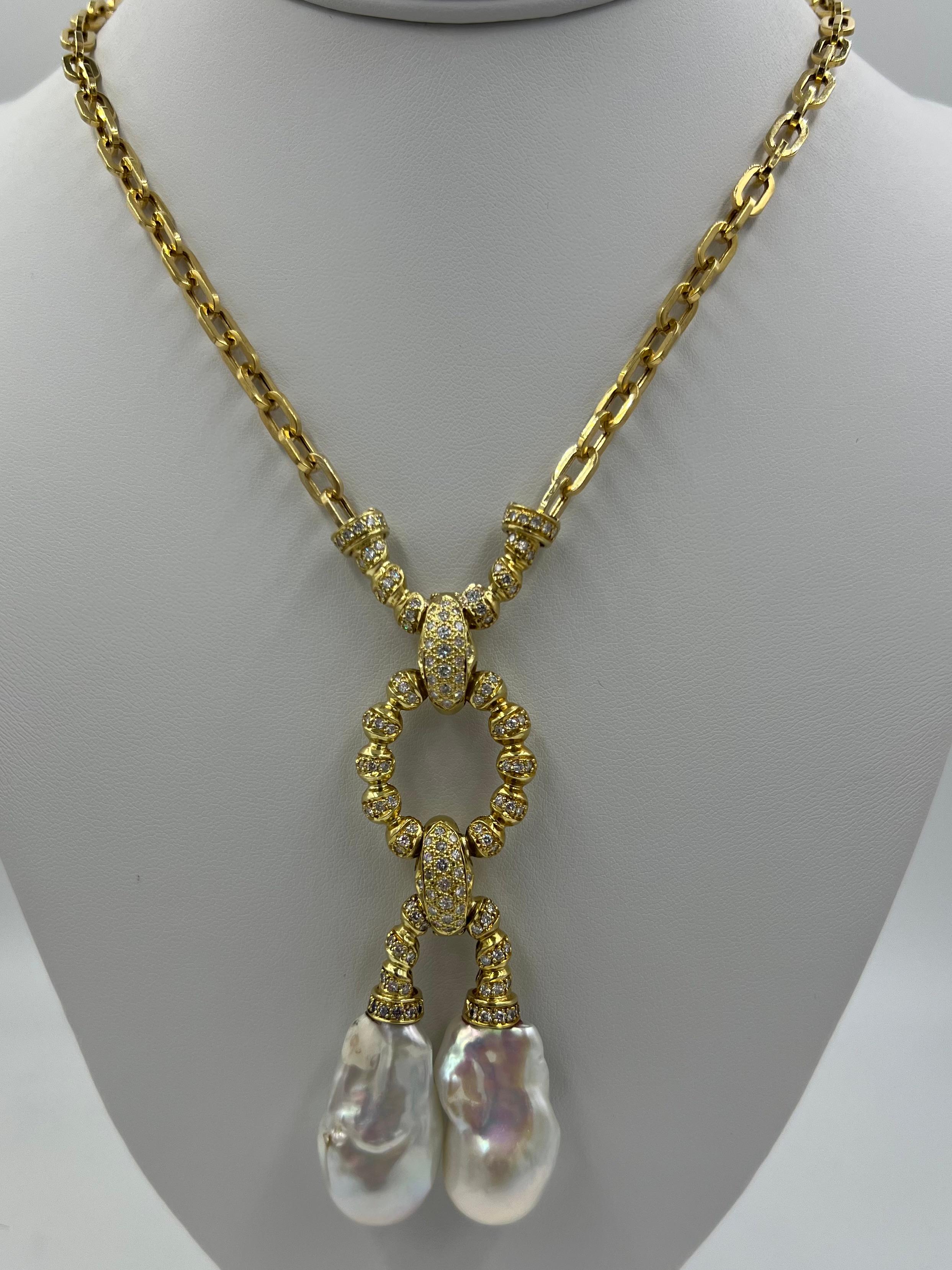 Estate Biwa Pearl Diamond Yellow Gold Link Necklace For Sale 8