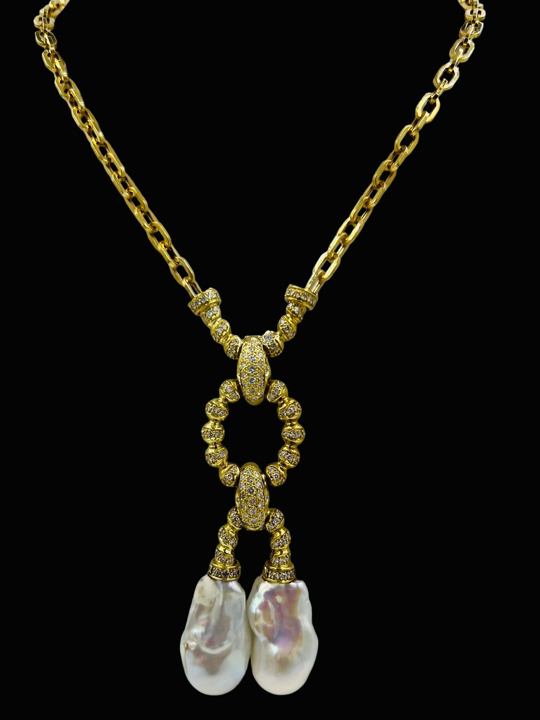 Estate Biwa Pearl Diamond Yellow Gold Link Necklace For Sale 9