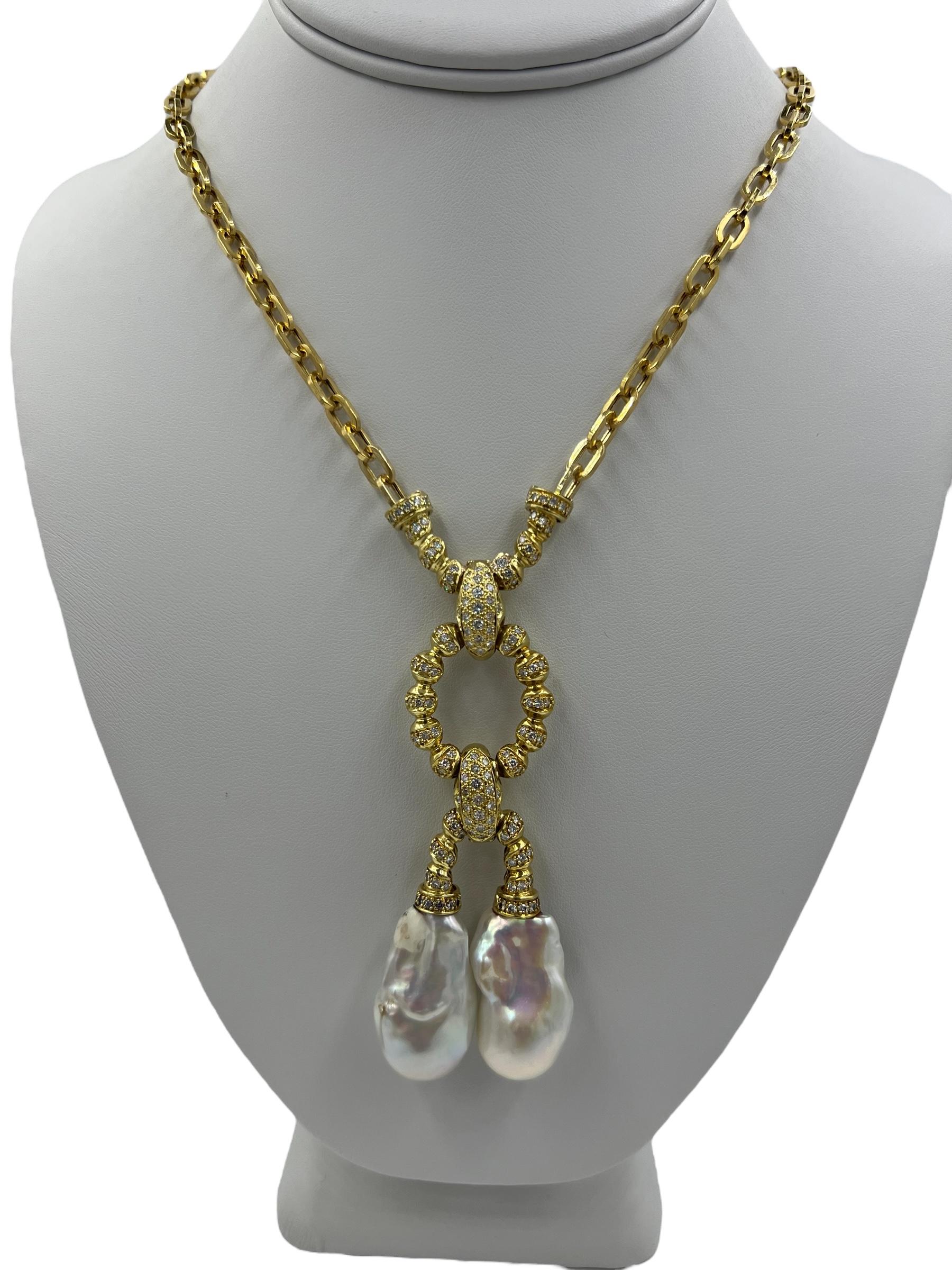 Estate Biwa Pearl Diamond Yellow Gold Link Necklace For Sale 13
