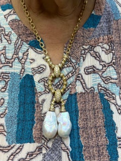 Estate Biwa Pearl Diamond Yellow Gold Link Necklace