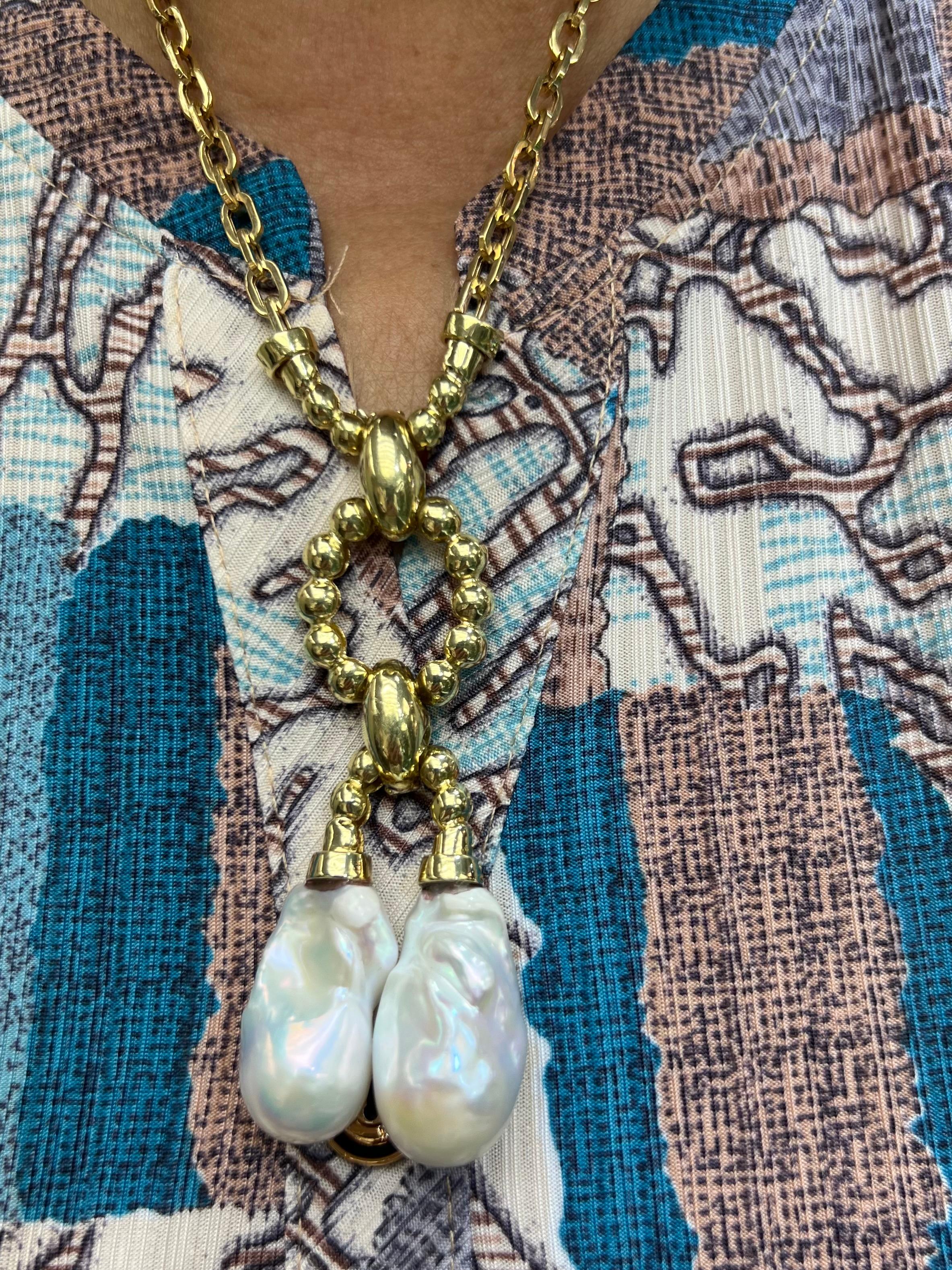 Contemporary Estate Biwa Pearl Diamond Yellow Gold Link Necklace For Sale