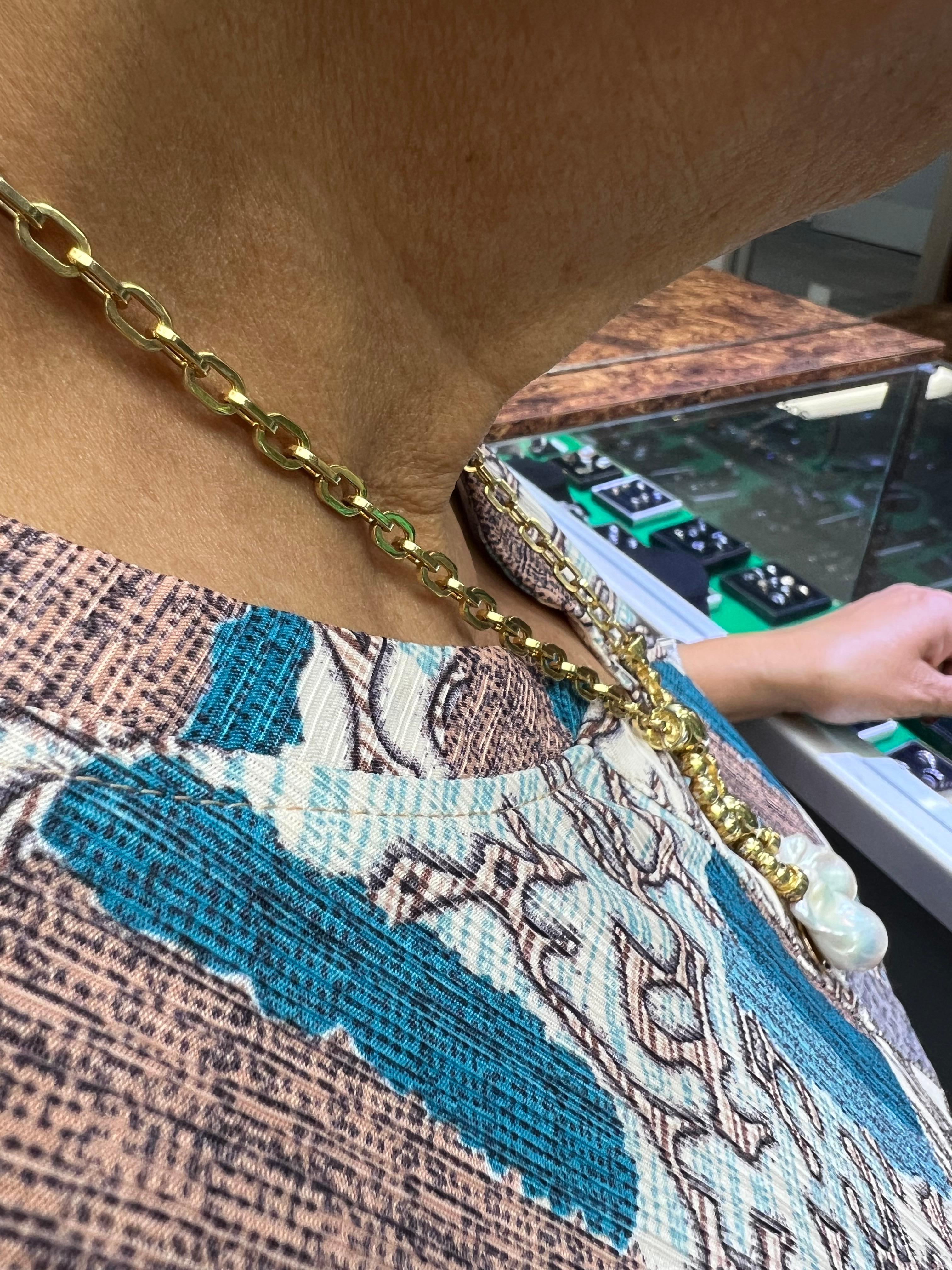 Round Cut Estate Biwa Pearl Diamond Yellow Gold Link Necklace For Sale