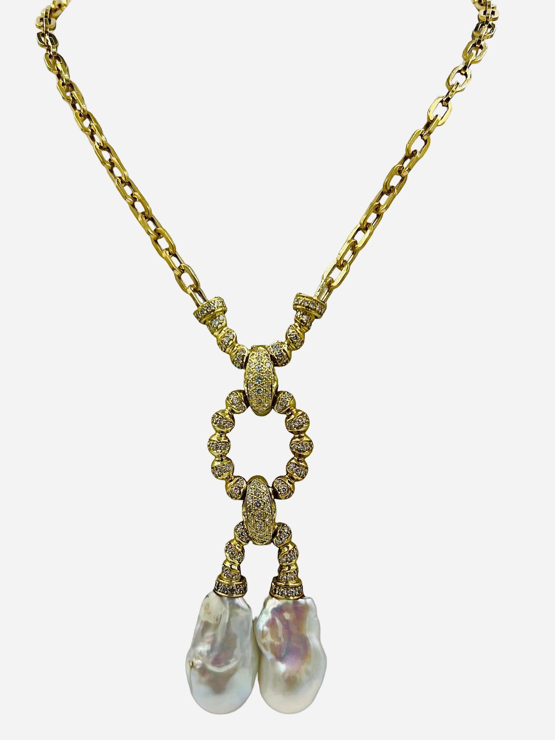 Estate Biwa Pearl Diamond Yellow Gold Link Necklace In Good Condition For Sale In Los Angeles, CA