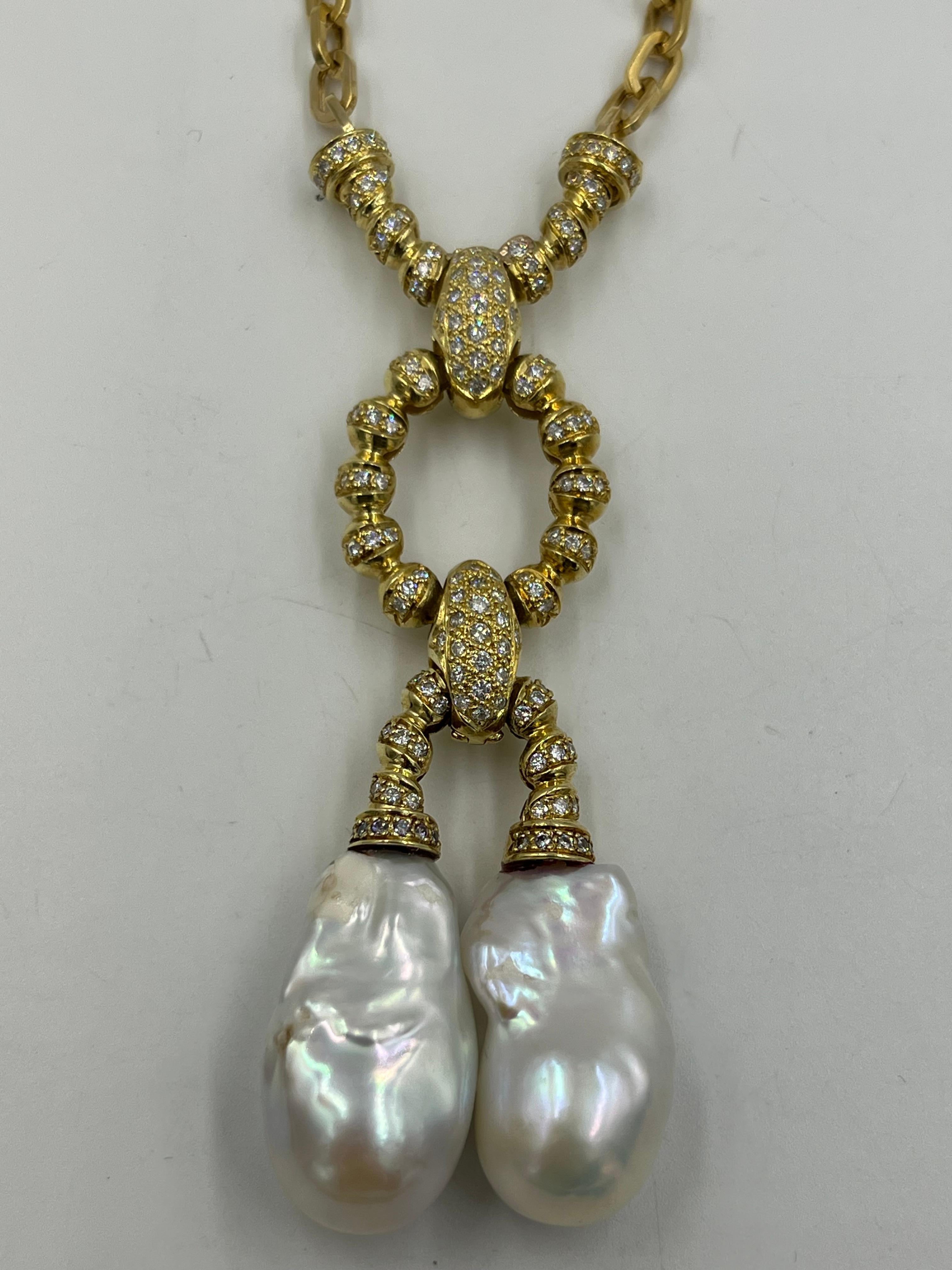 Women's or Men's Estate Biwa Pearl Diamond Yellow Gold Link Necklace For Sale
