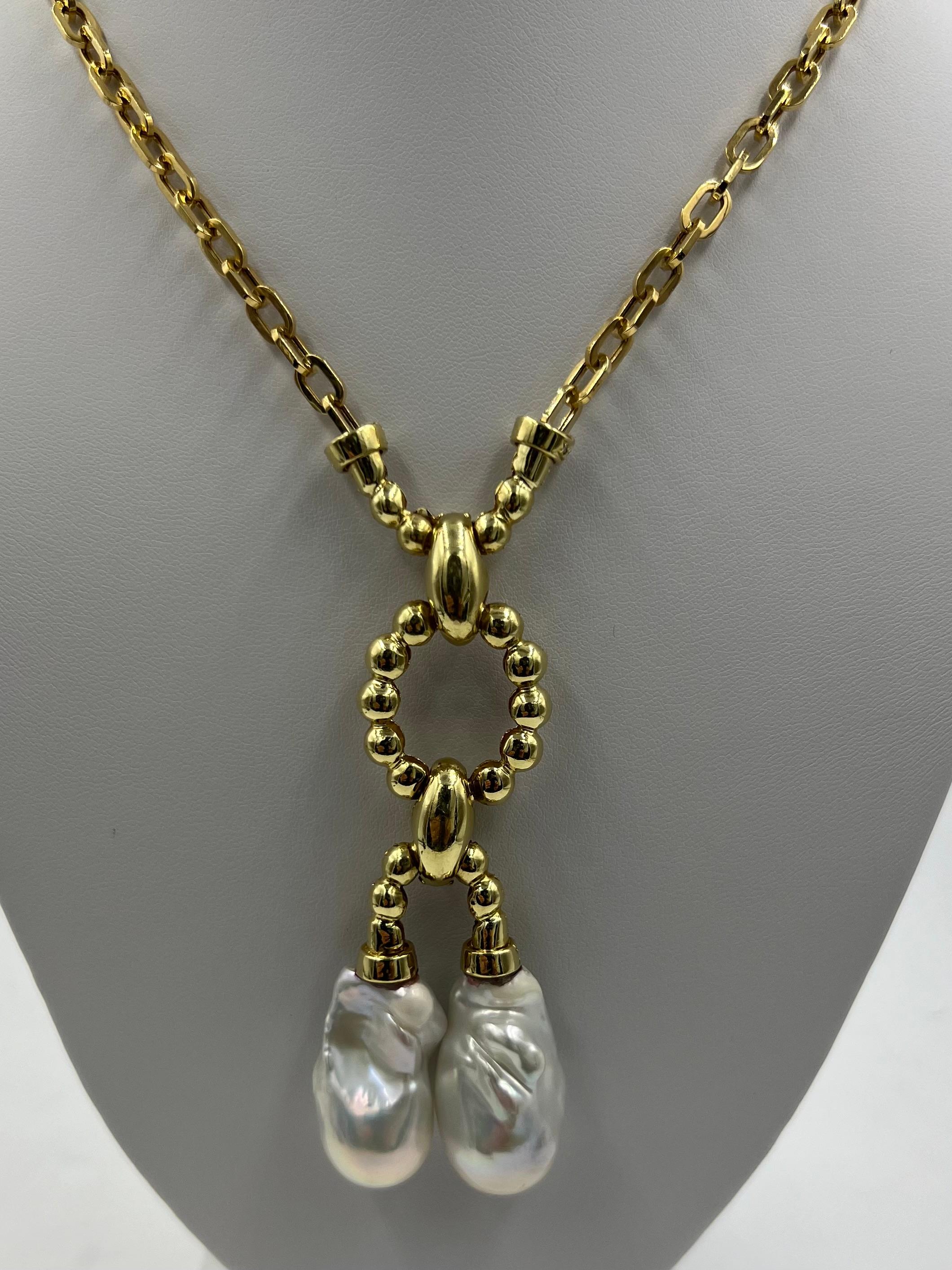 Estate Biwa Pearl Diamond Yellow Gold Link Necklace For Sale 1