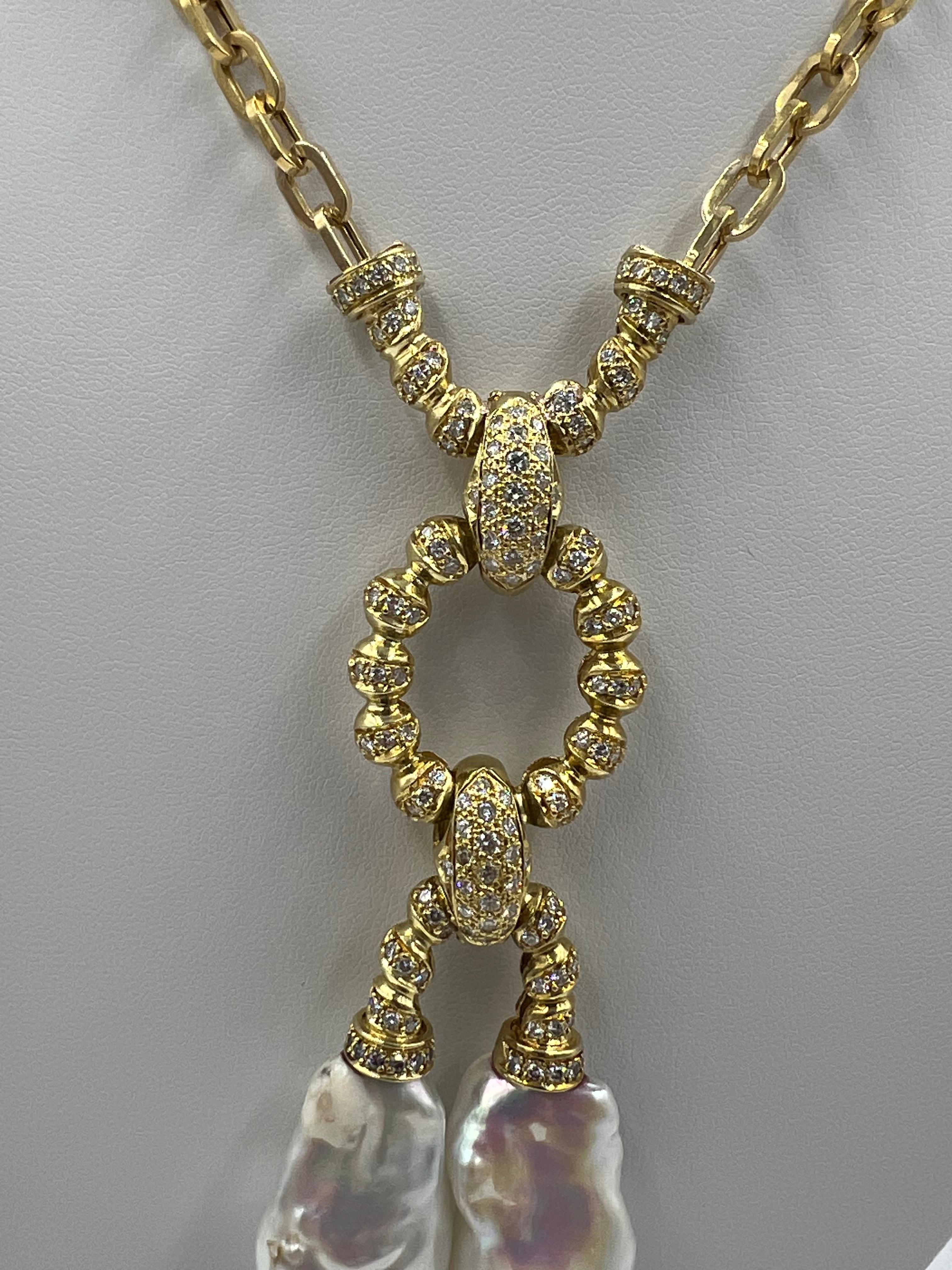 Estate Biwa Pearl Diamond Yellow Gold Link Necklace For Sale 2
