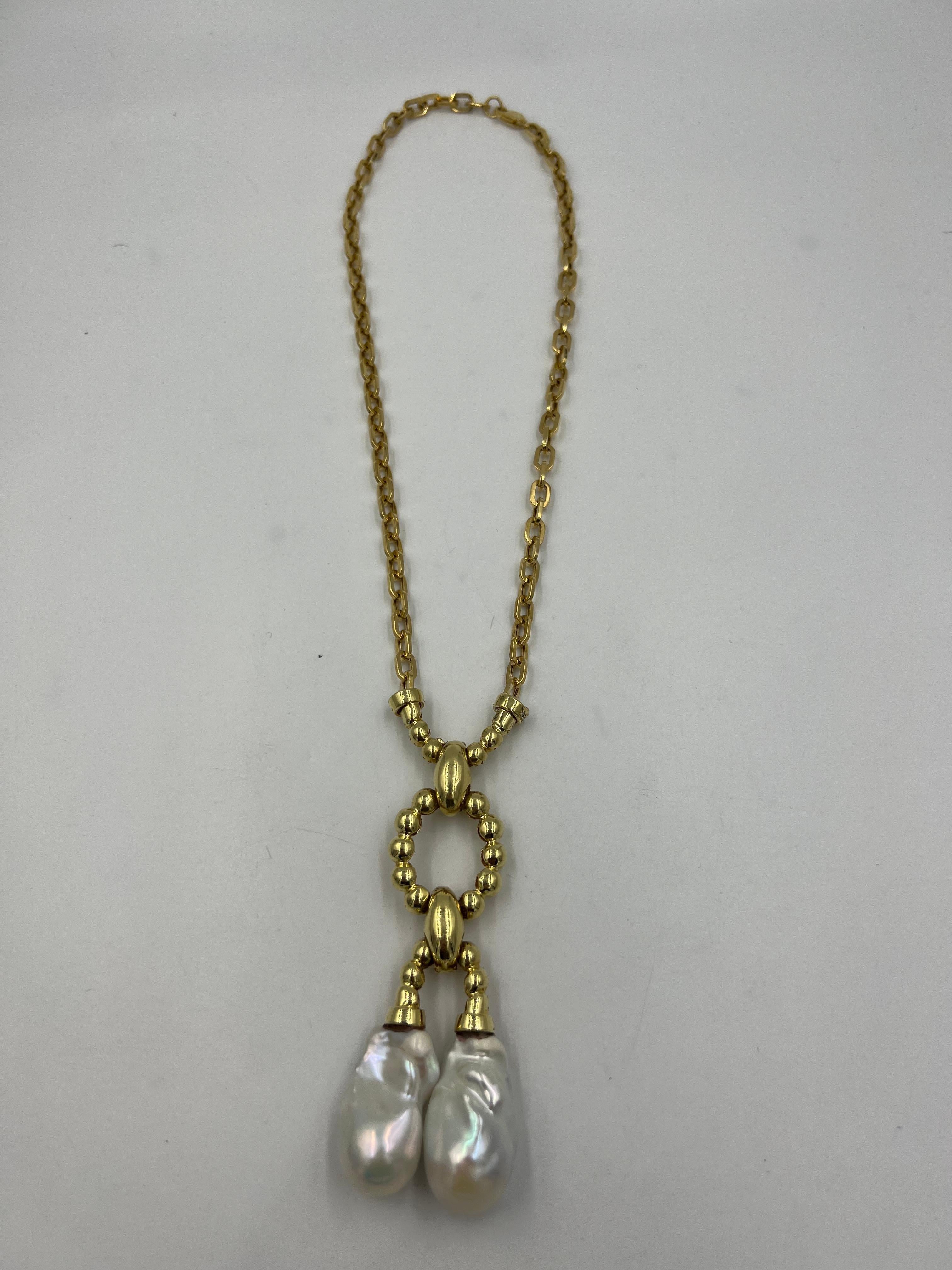 Estate Biwa Pearl Diamond Yellow Gold Link Necklace For Sale 3