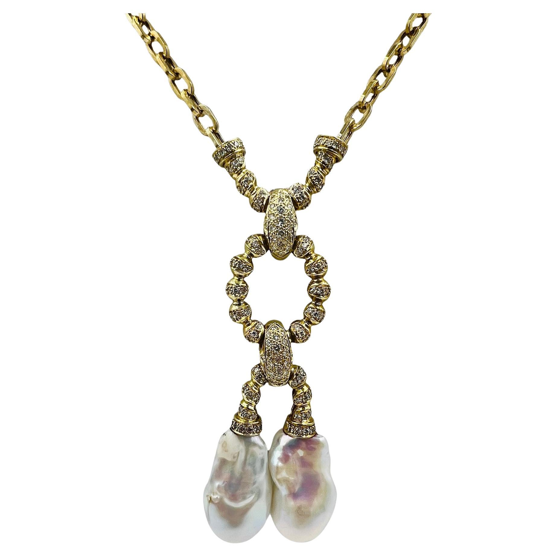 Estate Biwa Pearl Diamond Yellow Gold Link Necklace For Sale