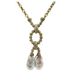 Vintage Estate Biwa Pearl Diamond Yellow Gold Link Necklace